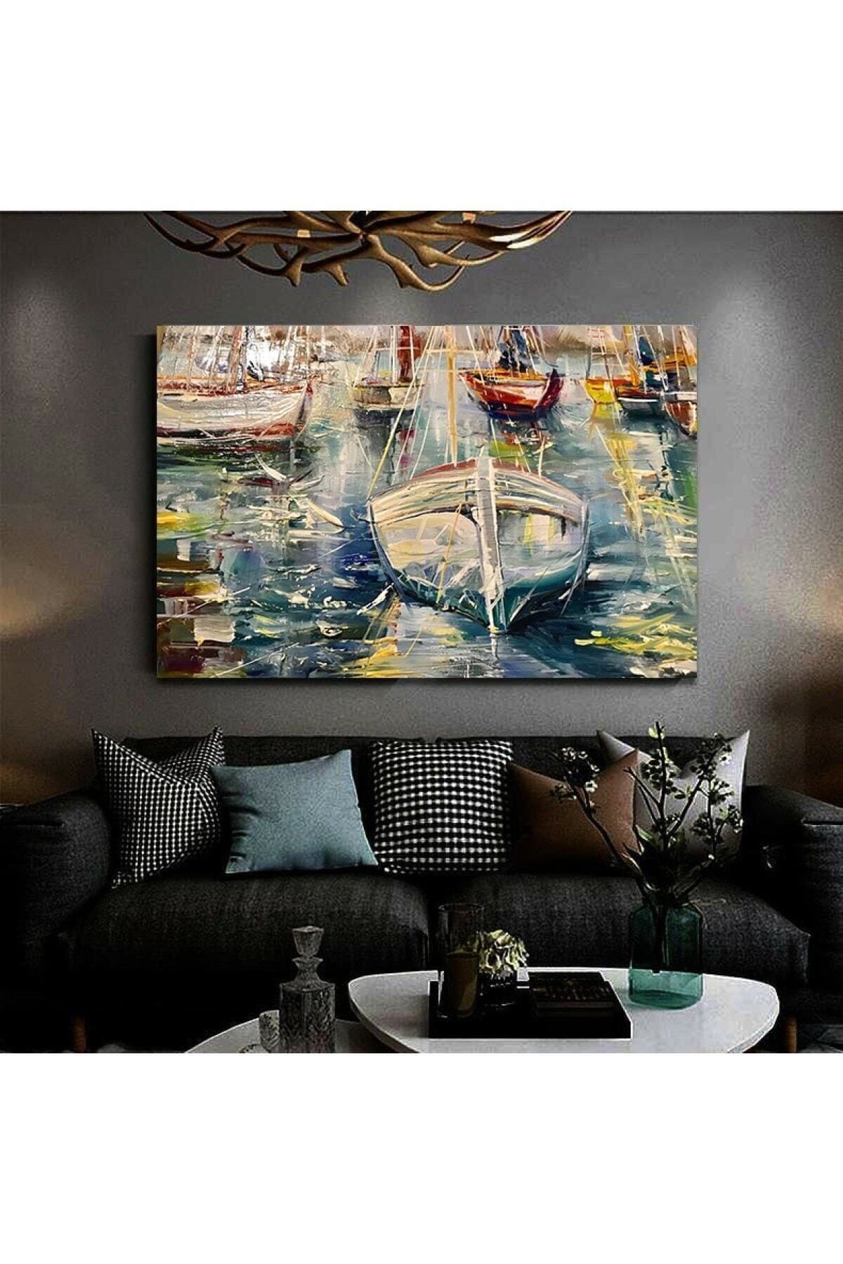 Vividale Resimli Tablo Yağlı Boya Görünümlü Soyut Gemi Kanvas Tablo Modelk7