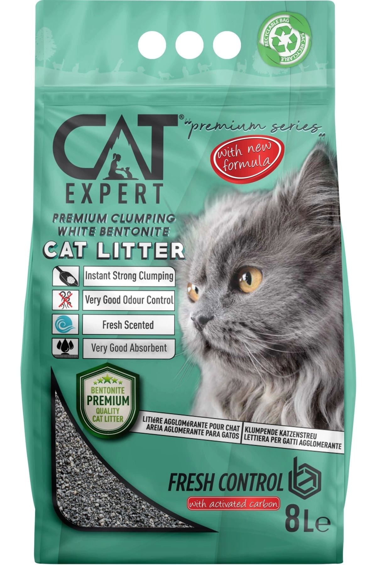 CAT EXPERT Fresh Control With Activated Carbon Topaklanan Koku Hapseden Tozsuz 8 Lt Kedi Kumu