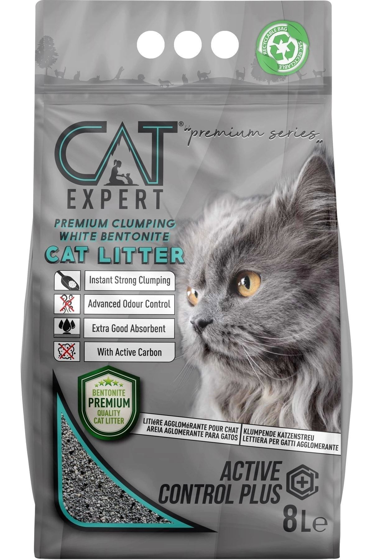 CAT EXPERT Active Control Plus Aktif Karbonlu Topaklanan Koku Hapseden Tozsuz 8 Lt Kedi Kumu