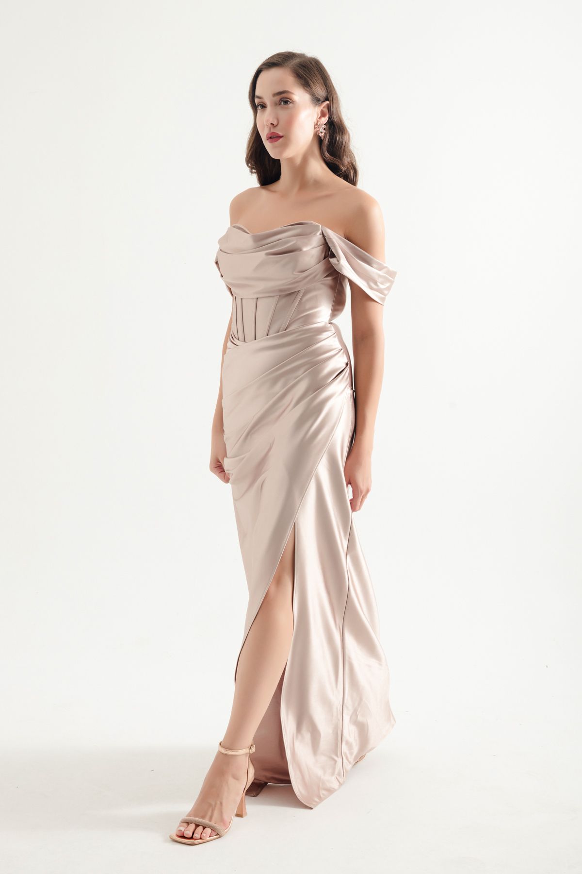 Lafaba-Beige Long Evening Dress - Boat Neck and Slit Detail 1