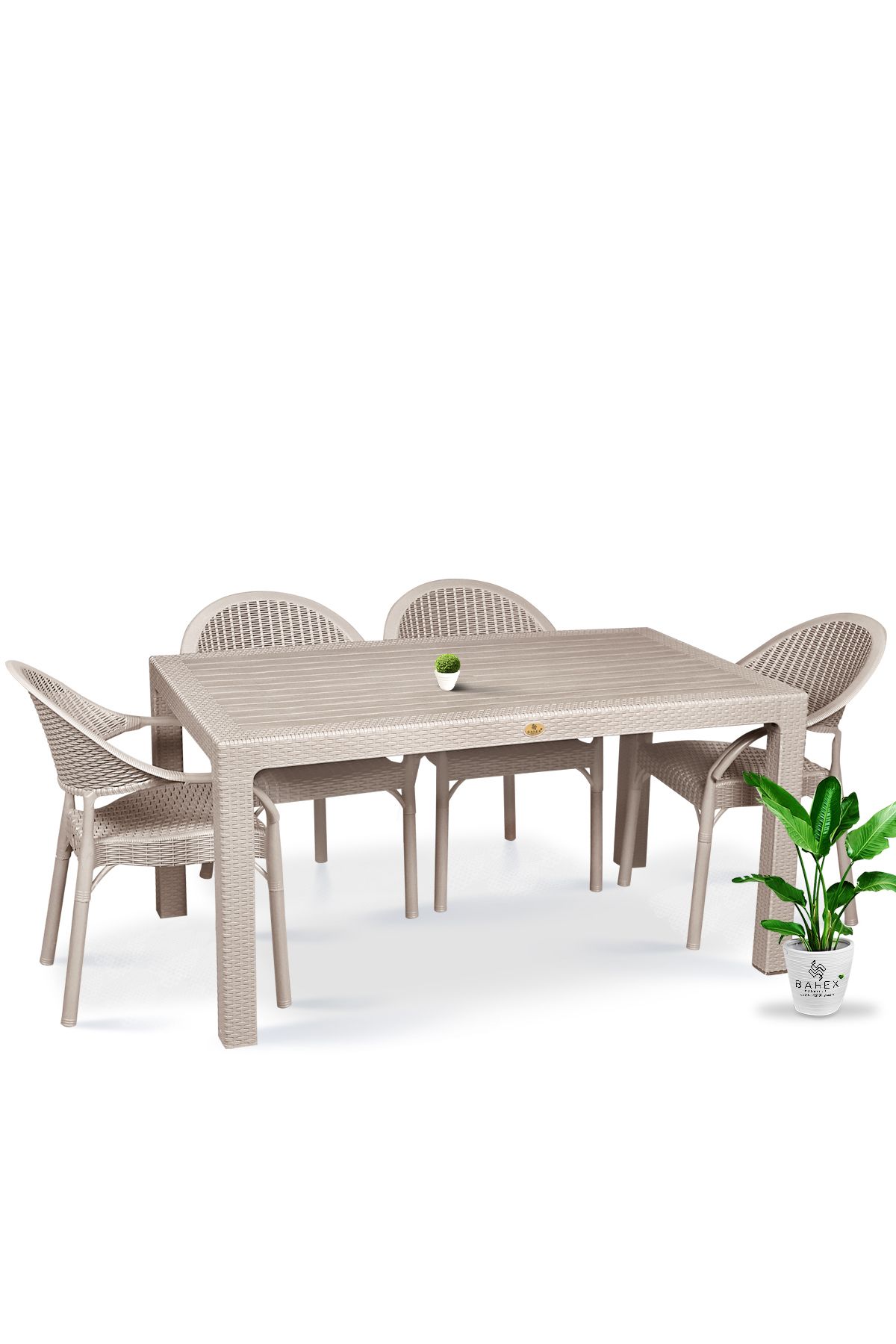 bahex Bambu Pro 4'lü 90x150cm Rattan Bahçe Balkon Masa Takımı 4 Kişilik Camsız Set Cappuccino