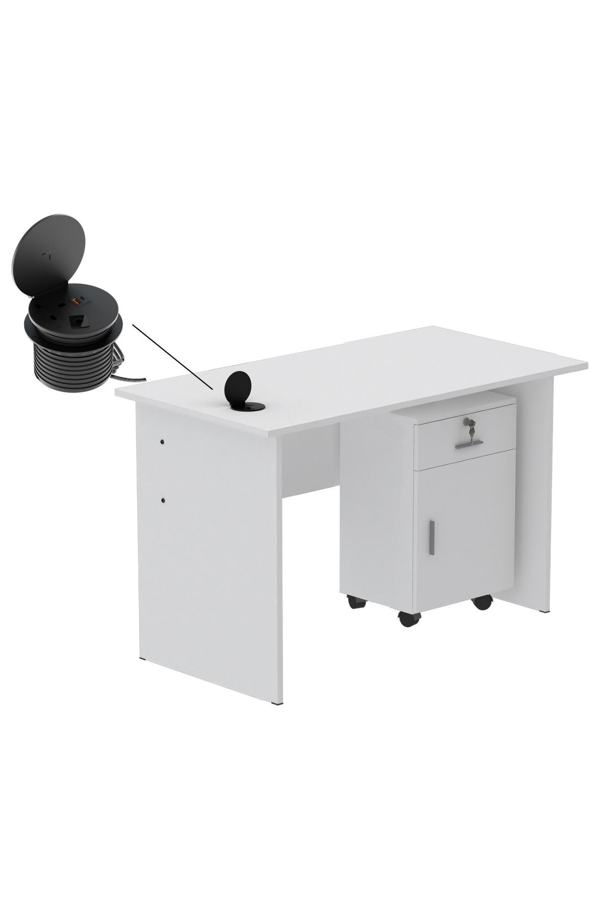 Mahmayi-MP1 100x60 Writing Table with Drawers - White with 51-1H Round Desktop Power Module 1