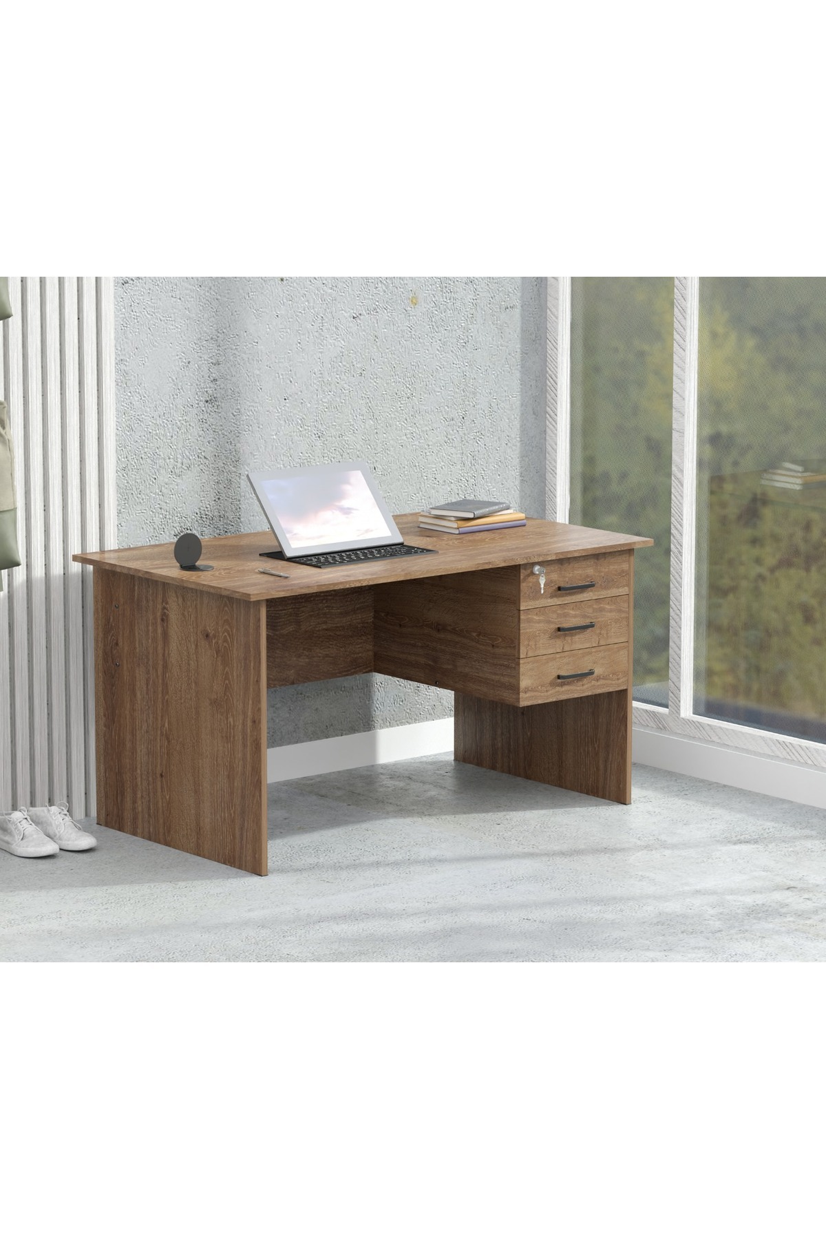 Mahmayi-Modern Writing Study Table With Hanging Pedestal Attached And Round Desktop Power Module - Brown 4