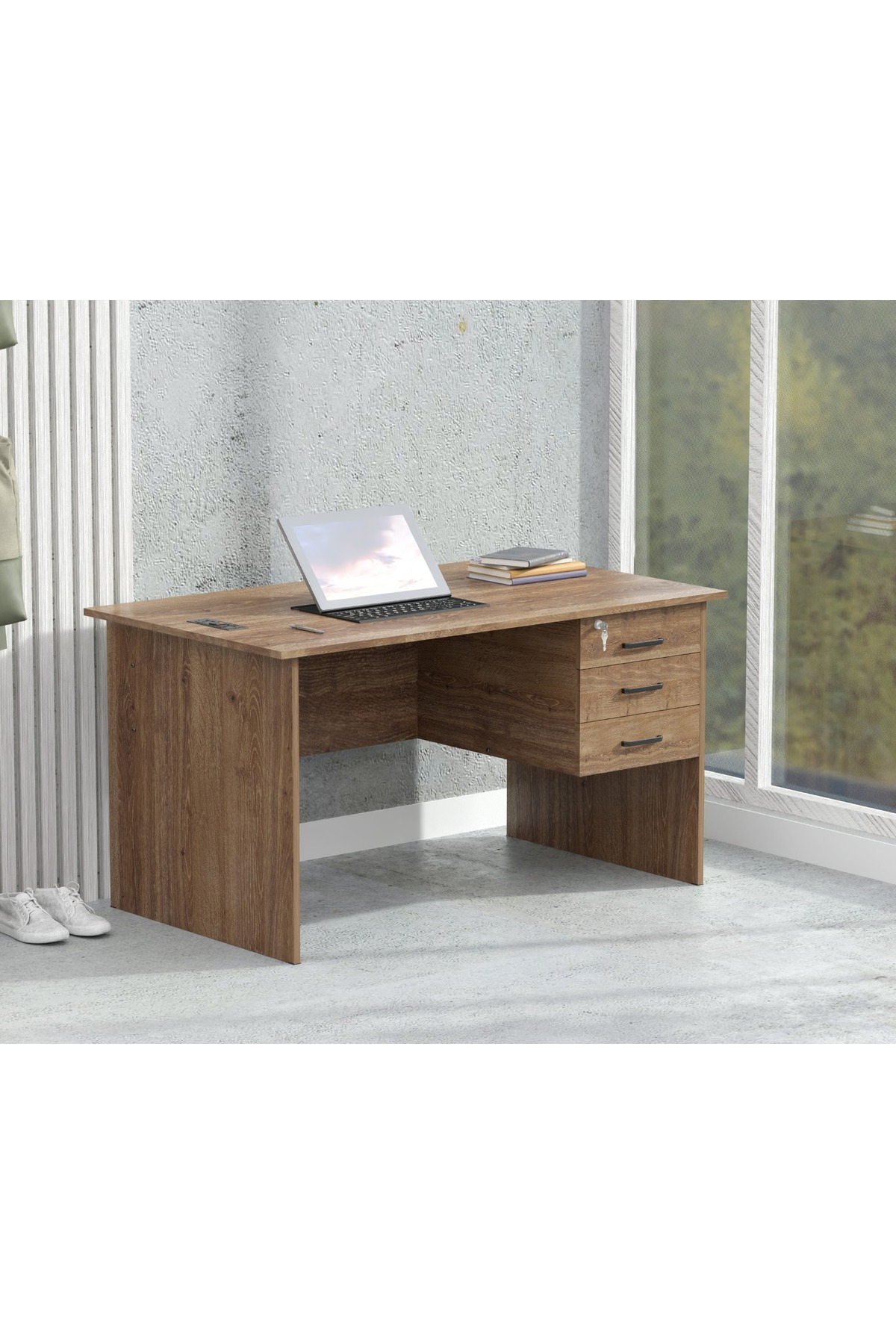 Mahmayi-Writing Table With Hanging Pedestal Attached Desktop Socket With USB AC Port - Brown 4