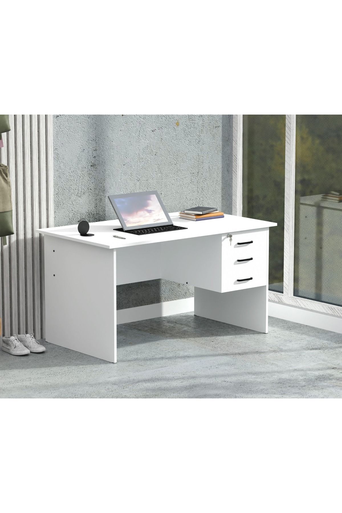 Mahmayi-Modern Writing Study Table With Hanging Pedestal Attached And Round Desktop Power Module - White 4