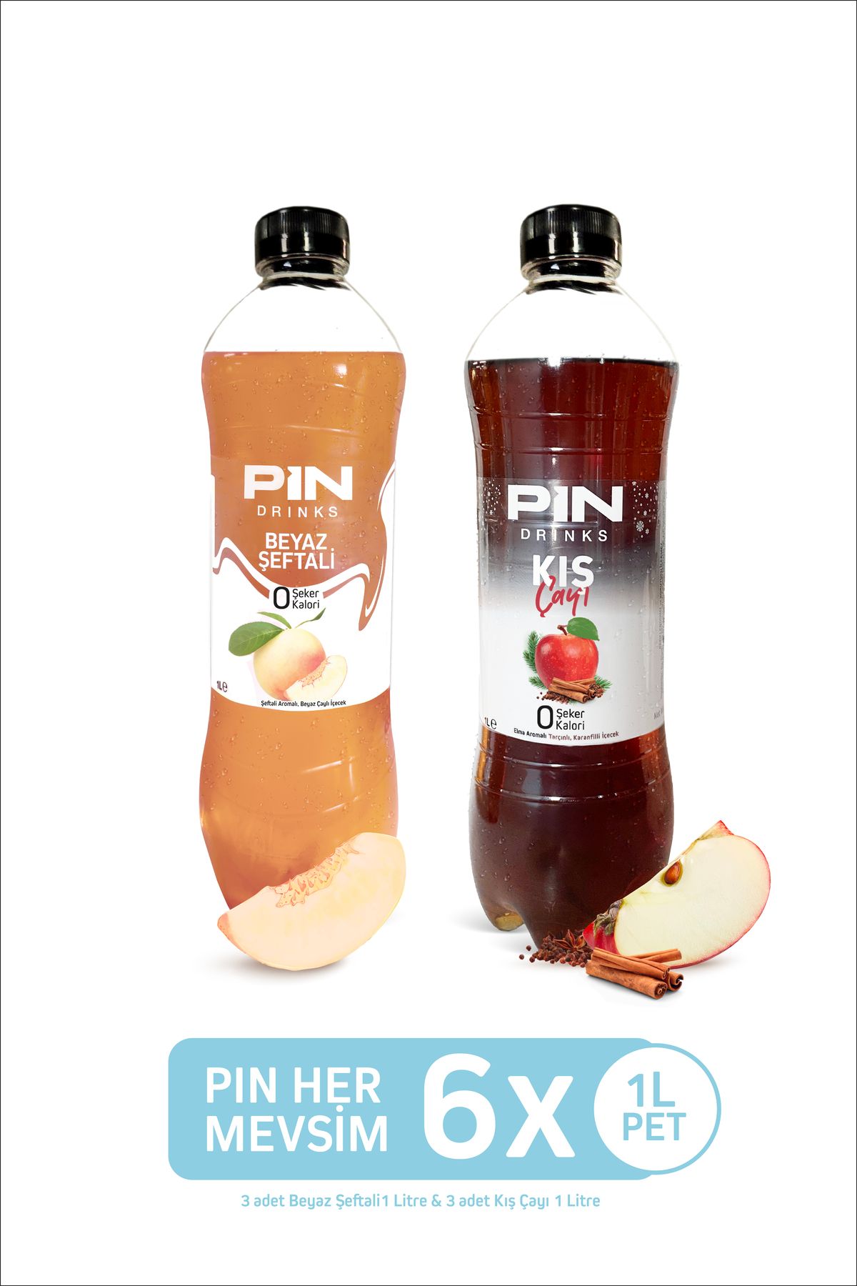 Pin Her Mevsim - Beyaz Şeftali & Kış Çayı - Şekersiz & Kalorisiz 6 Adet X 1 Litre