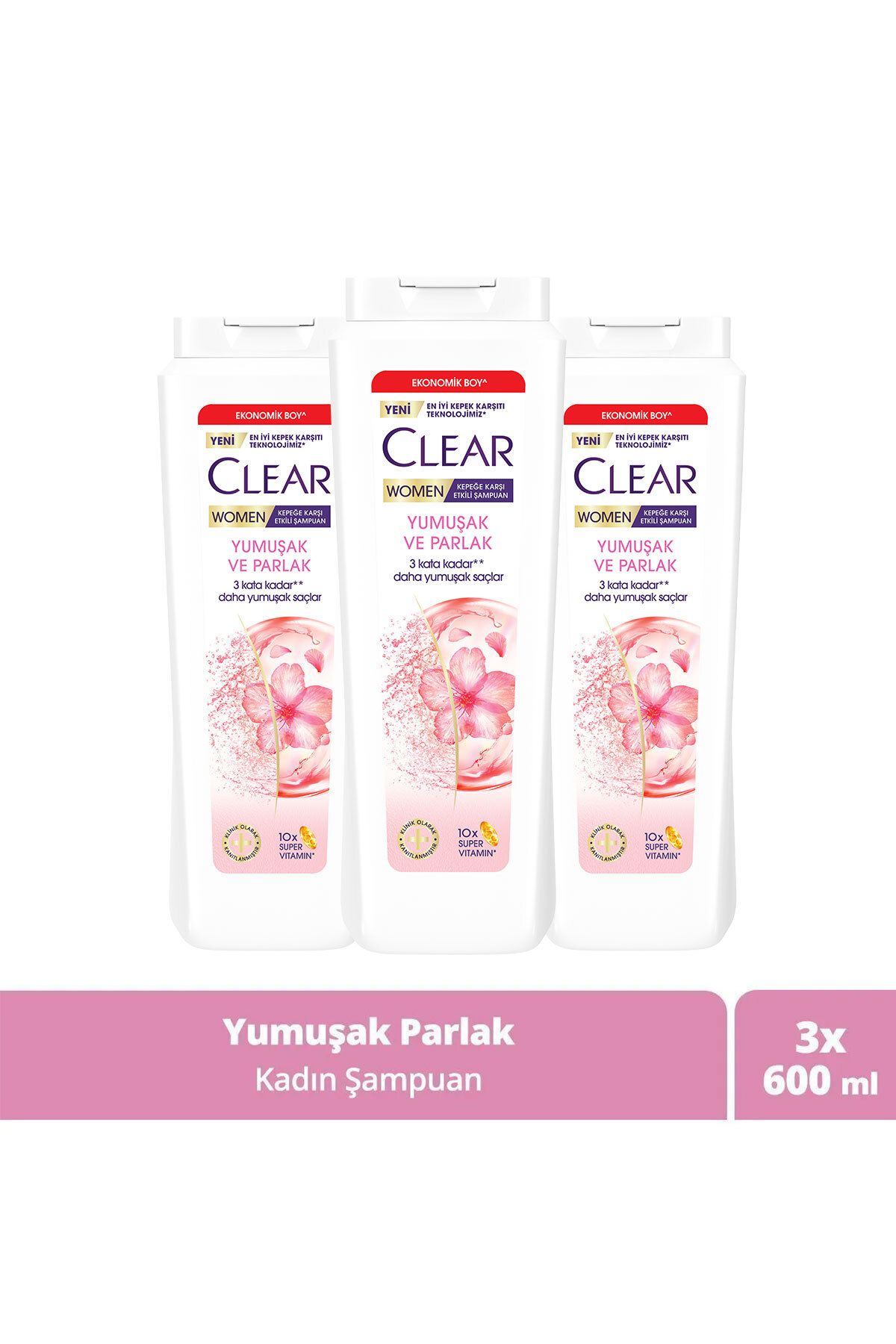 Clear Kepeğe Karşı Etkileyici Besleyici Şampuan Yumuşak Parlak Kiraz Çiçeği Esansı 600 ml X3