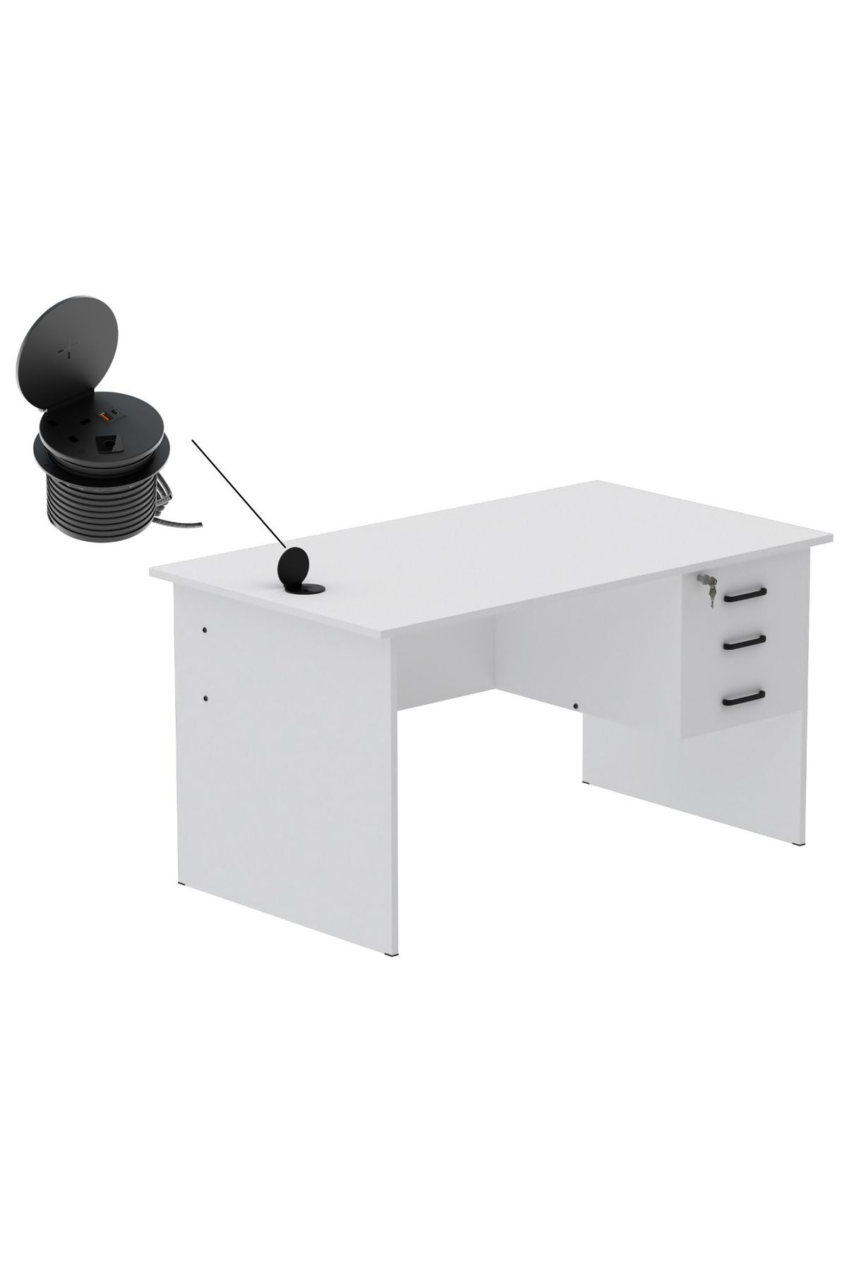 Mahmayi-Modern Writing Study Table With Hanging Pedestal Attached And Round Desktop Power Module - White 1