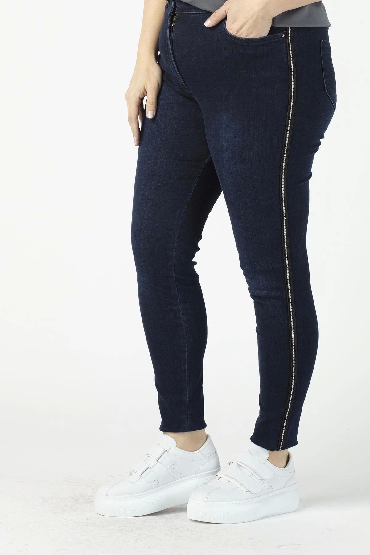Moda Berray-P008m Pantaloni de blugi de mărime mare, cu sclipici laterale, albaștri 3
