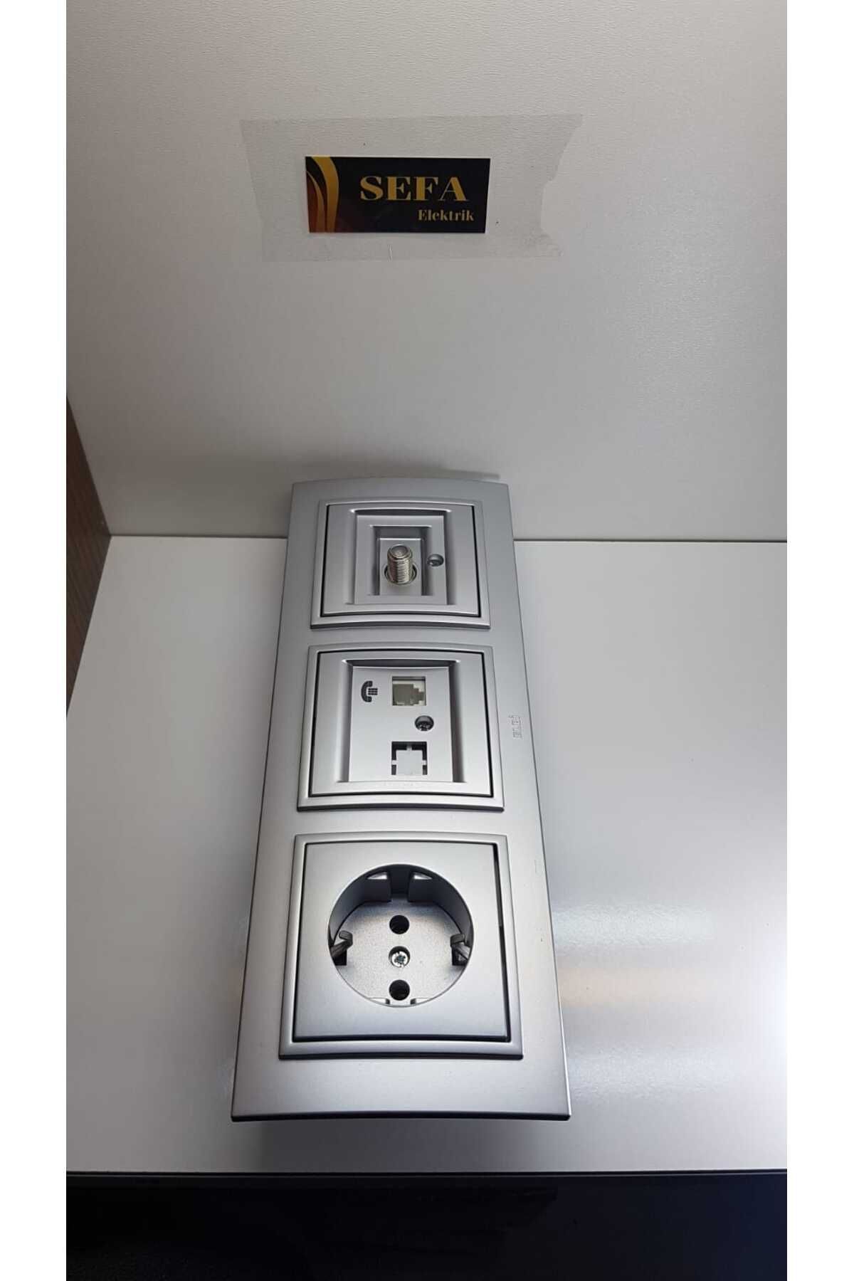 ELBİ-Zena Silverline Series - Metallic Gray, Phone Socket, Satellite Socket, Grounded Socket Framed Triple Suit 3