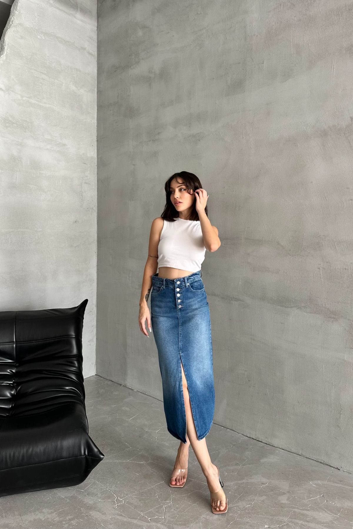 XRAY JEANS-Blugi de damă din bumbac Fusta lungă de blugi albastru deschis cu nasturi 3