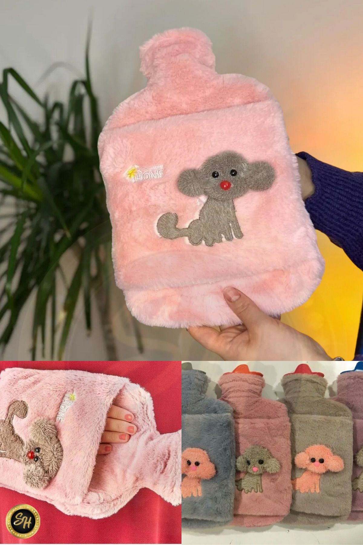 Snow Homs-Pink - Hot Water Bag with Plush Case and Dog Emoji 2 Liters 2