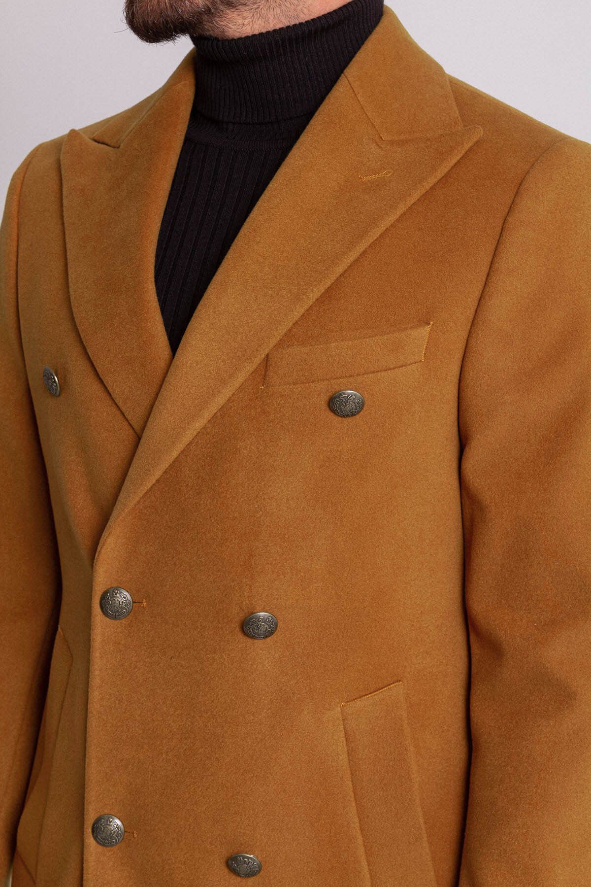 Mcr-Plain Camel Color Slim Fit Wide Collar Wool Men's Coat 3
