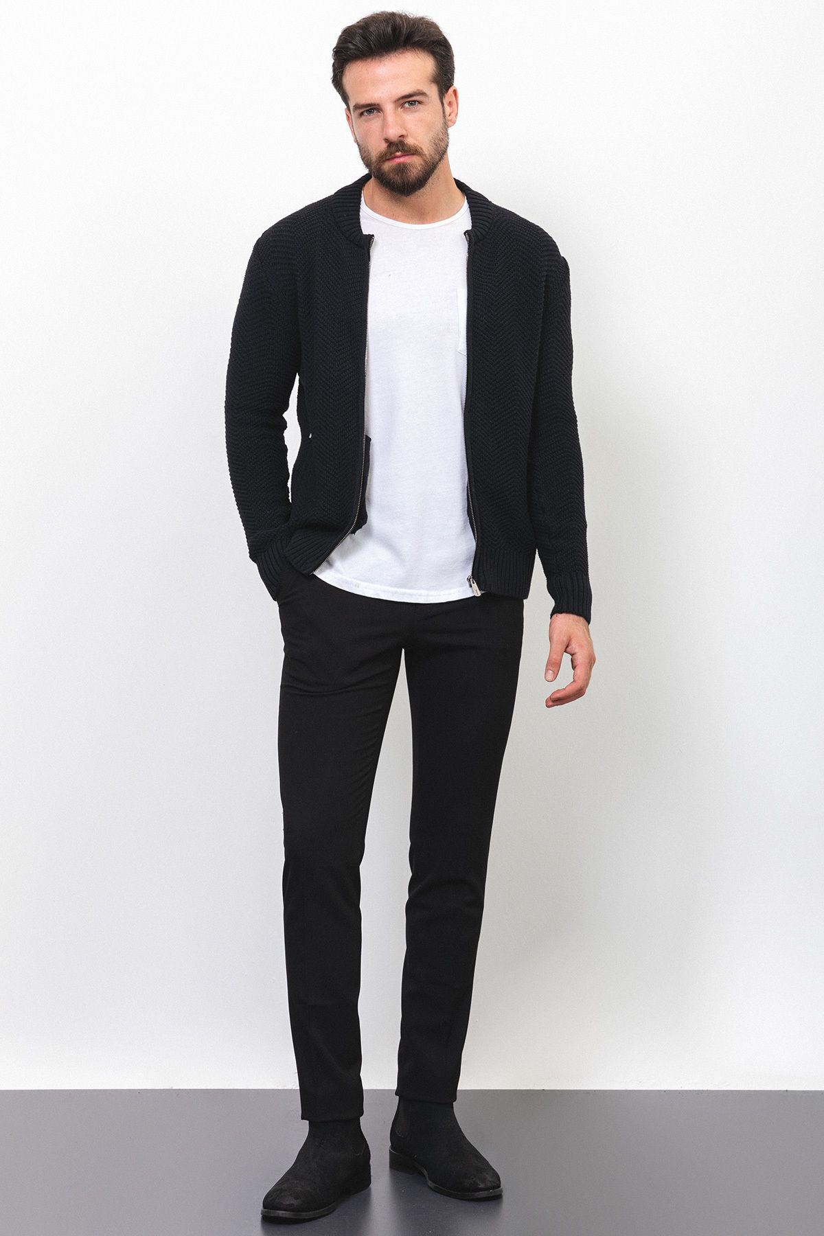 Mcr-Patterned Black Slim Fit High Collar Men's Cardigan 3