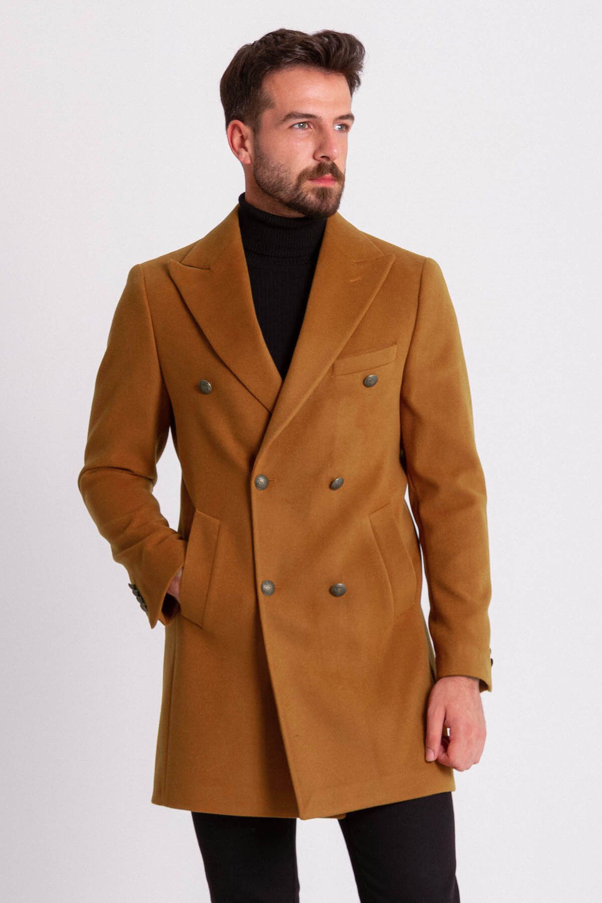 Mcr-Plain Camel Color Slim Fit Wide Collar Wool Men's Coat 2