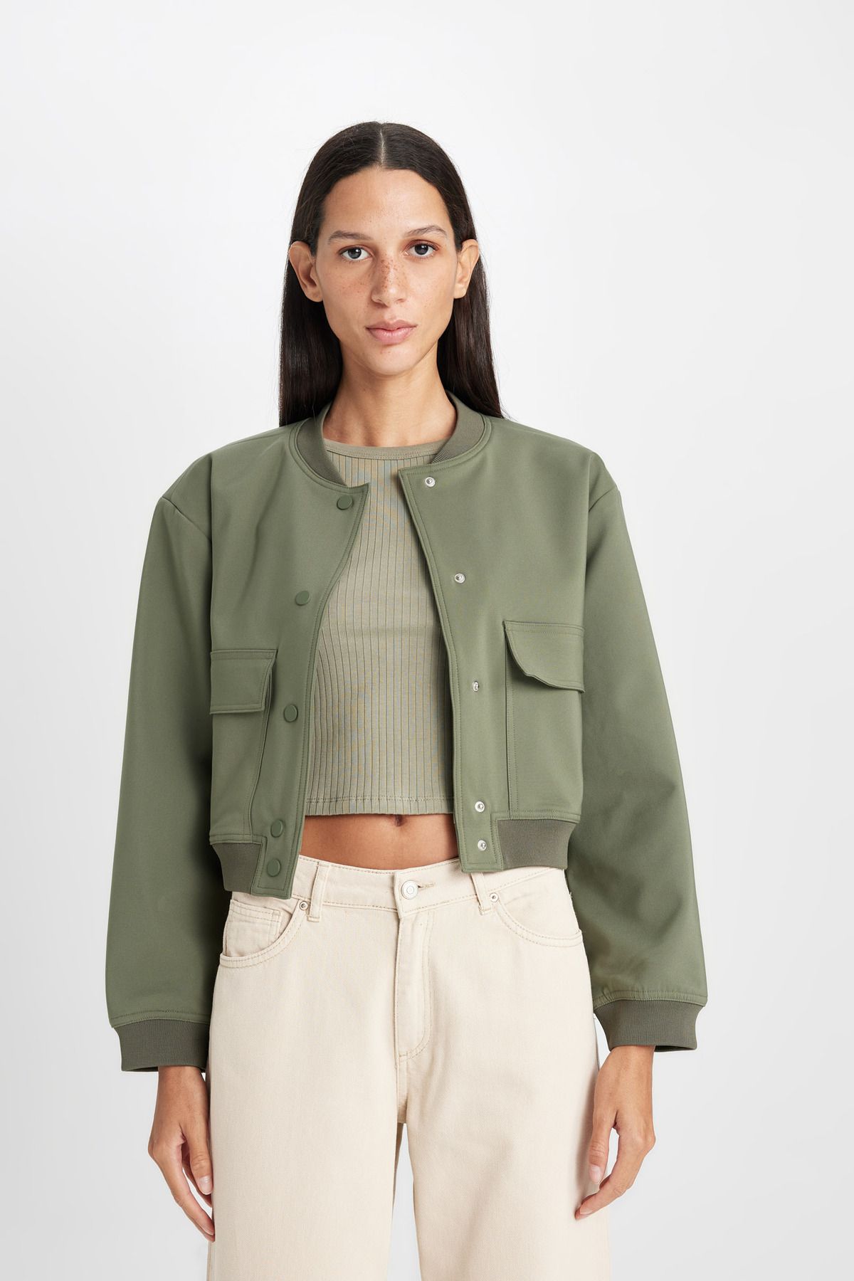 DeFacto-Crop Crew Neck Blazer Jacket 1