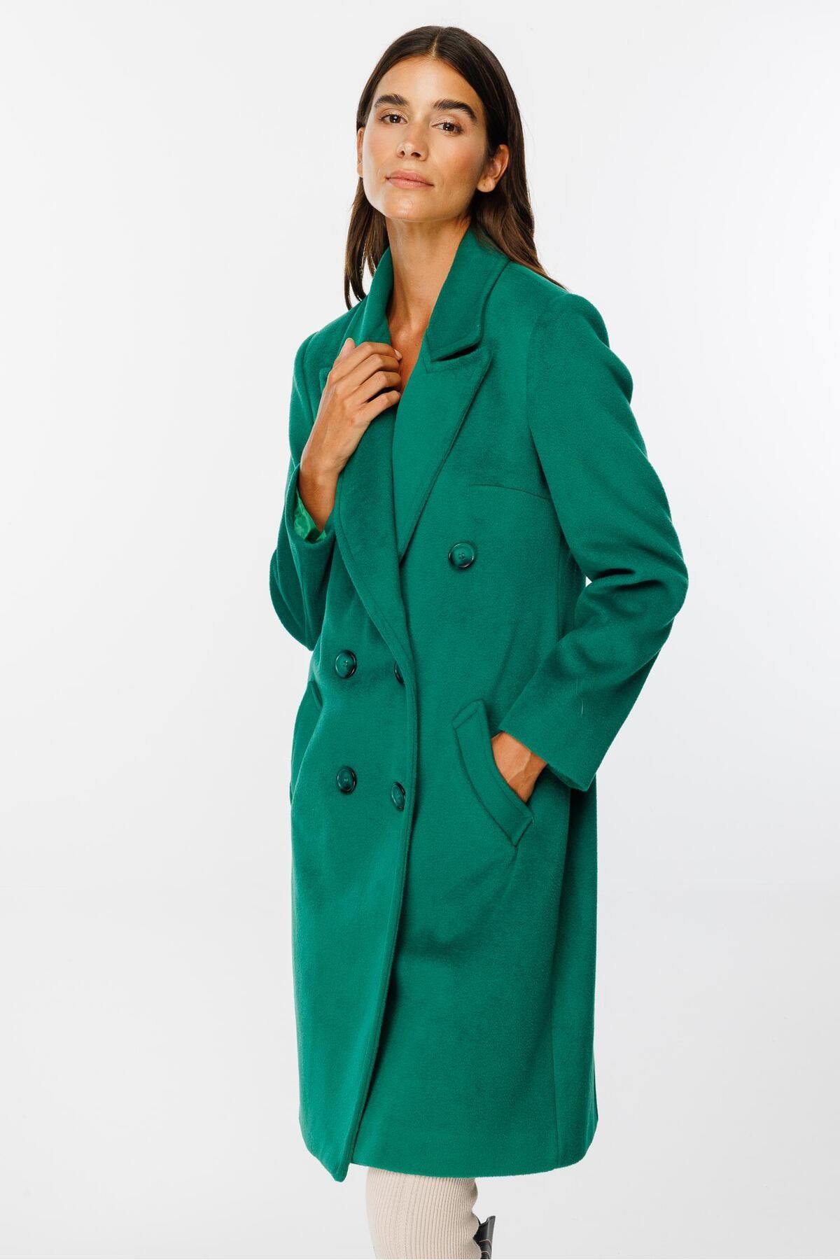 Moda İlgi-Green Double Breasted Coat - Modailgi Plain Stamp 5