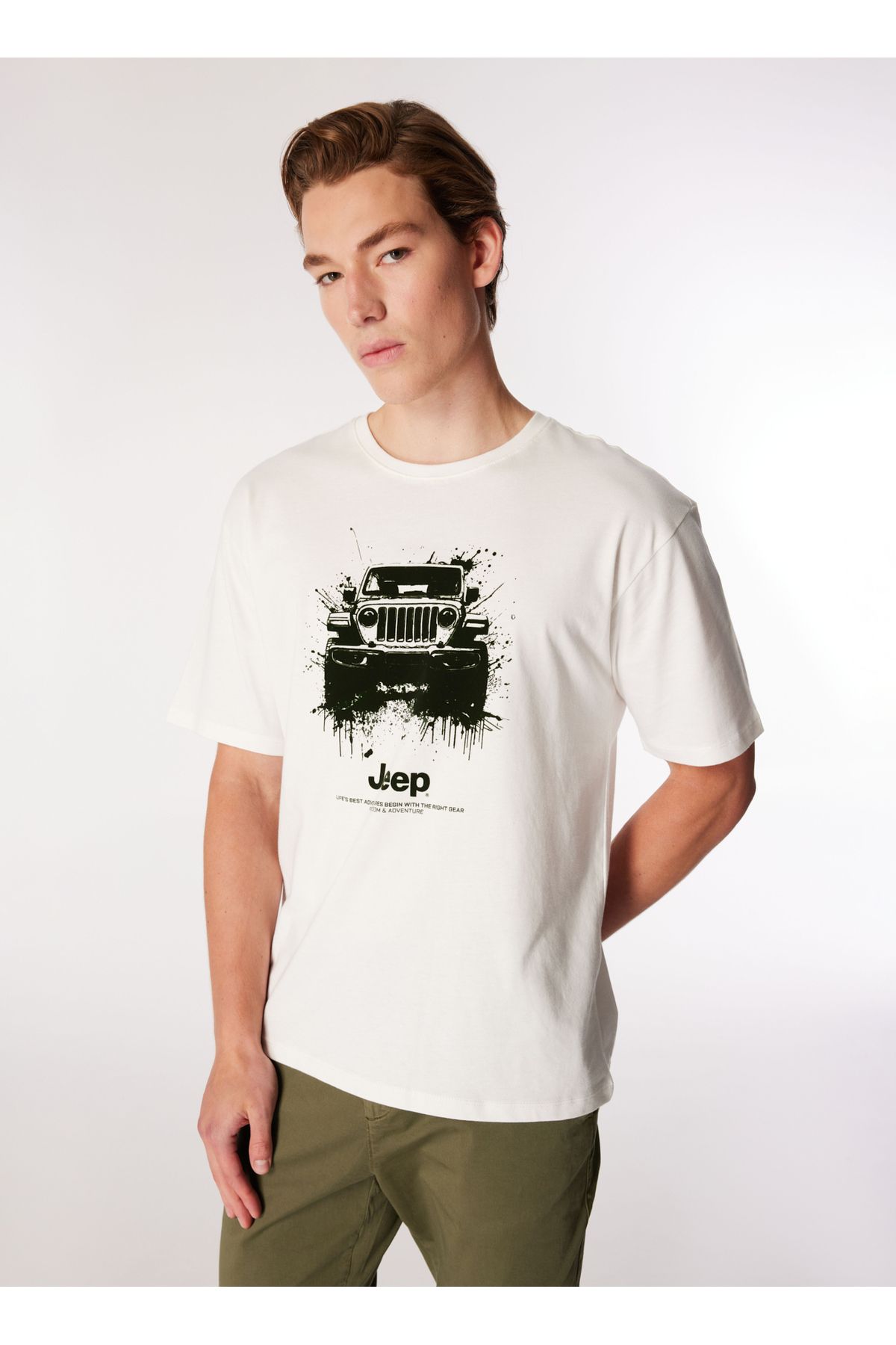 Jeep Bisiklet Yaka Bask l Ekru Erkek T Shirt J4WM TST7248