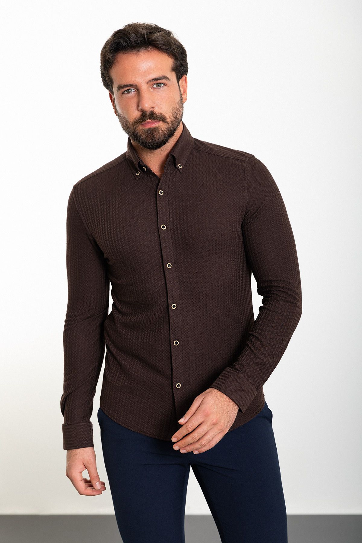 Mcr-Striped Brown Slim Fit Men's Shirt 1