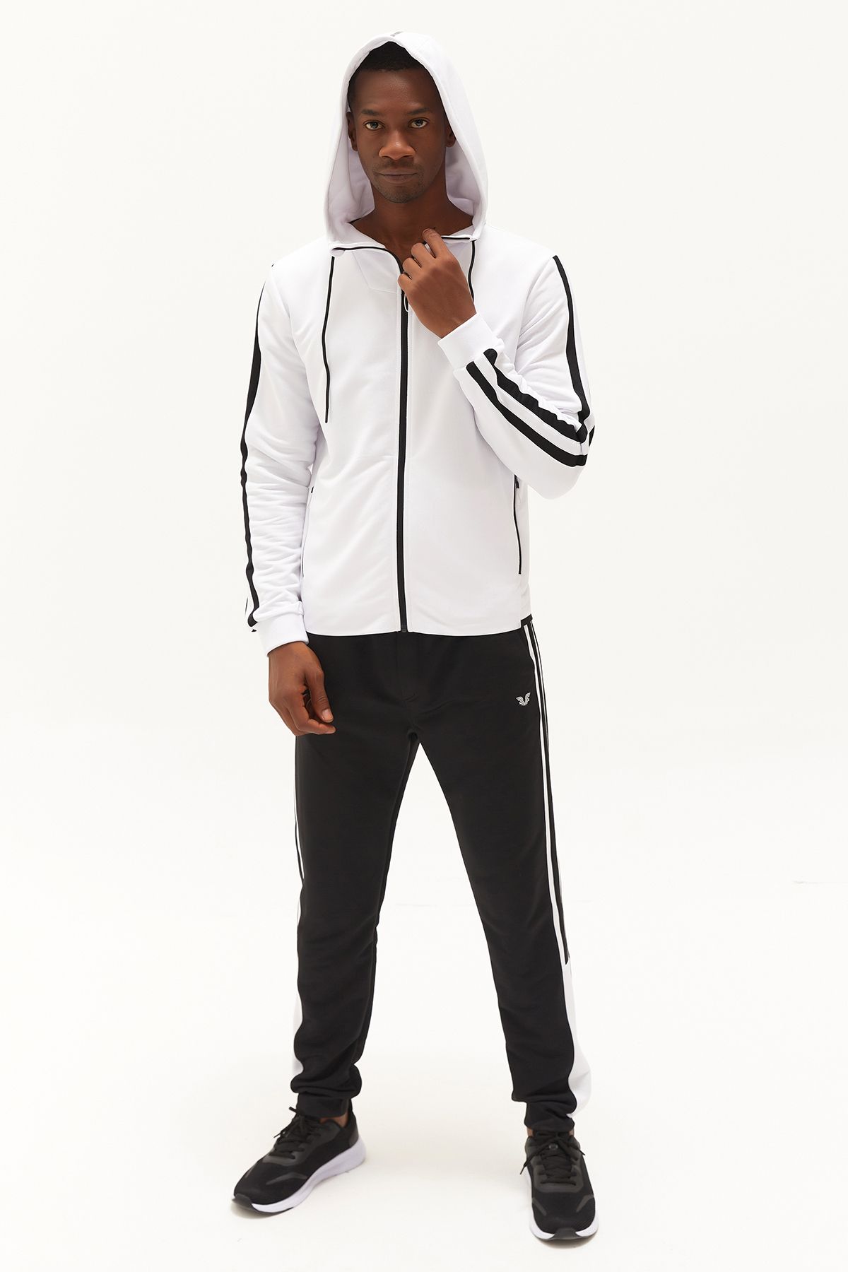 bilcee-White Men's Tracksuit Set - Hooded, Pocketed and Zippered Sports and Daily Use 0755 8