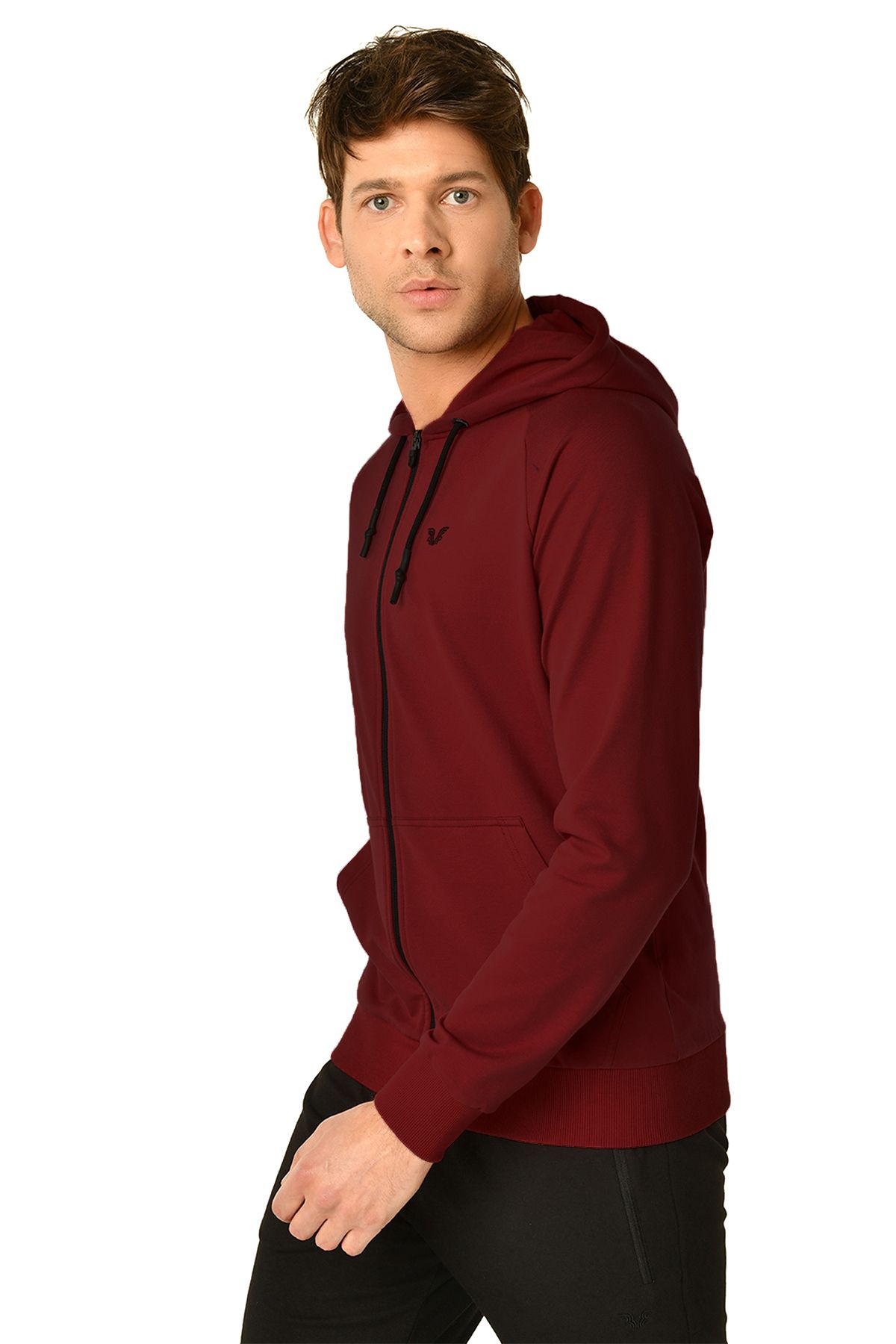 bilcee-Men's Burgundy Hooded Kangaroo Pocket Zippered Sports Casual Bottom Top Tracksuit Set 8241 2