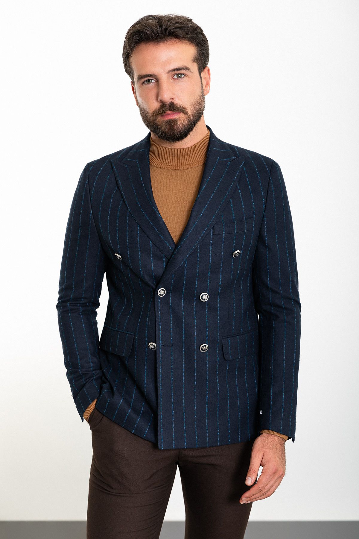 Mcr-Striped Navy Blue Slim Fit Wide Collar Double Breasted Wool Men's Jacket 1