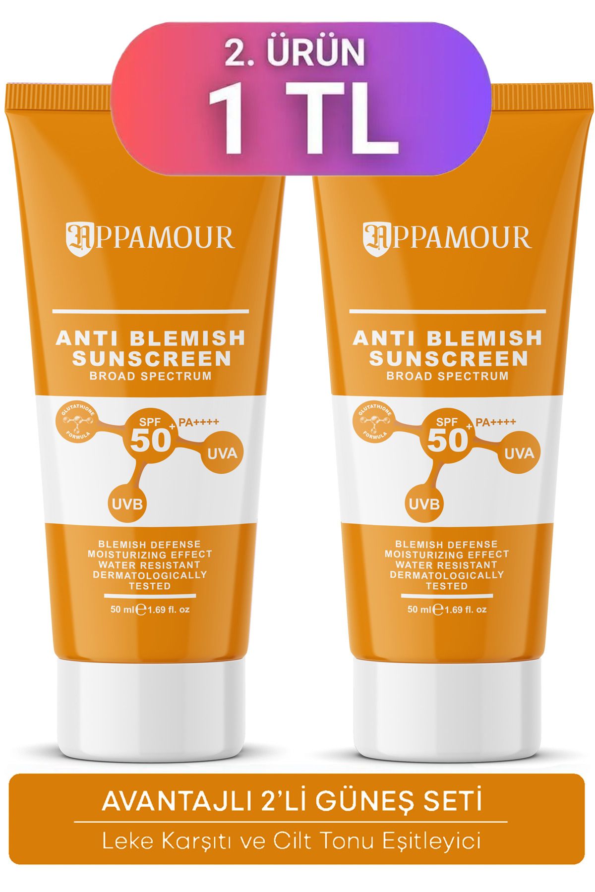 appamour 2'li Leke Karşıtı Tüm Ciltler Için Yüksek Korumalı Spf 50 Güneş Kremi Seti, Glutatyon Etkili 50 ml