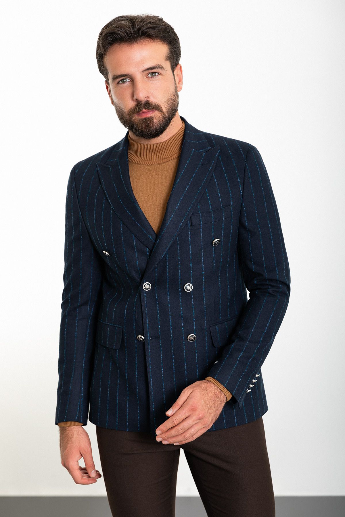 Mcr-Striped Navy Blue Slim Fit Wide Collar Double Breasted Wool Men's Jacket 3