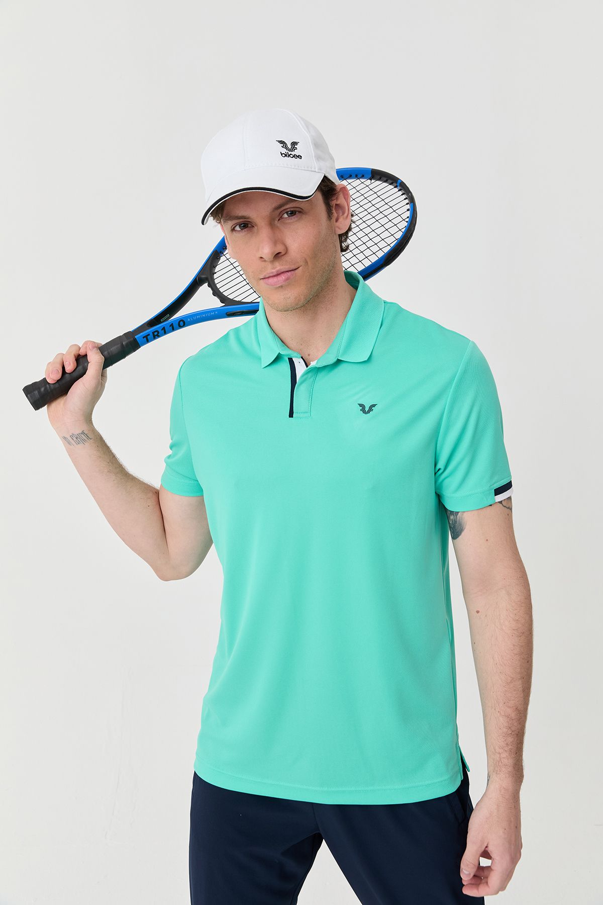 bilcee-Men's Turquoise Quick Dry Plain Lightweight Buttoned Training & Casual Basic Polo Collar T-Shirt 0508 8