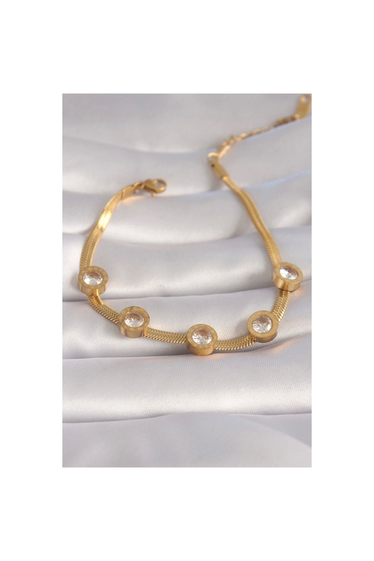 Narnuga 316L Çelik Gold Renk Zirkon Taşlı İtalyan Zincir Model Kadın Bileklik - TJ-BB6007