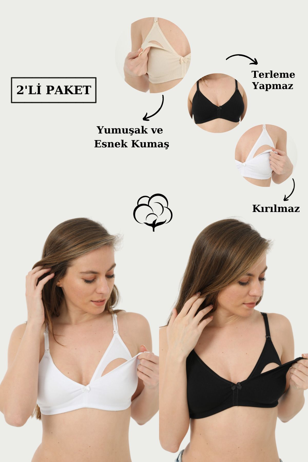 Arma Yıldız 2'li Paket Beyaz - Siyah Emzirme Sütyeni Pamuklu Likralı