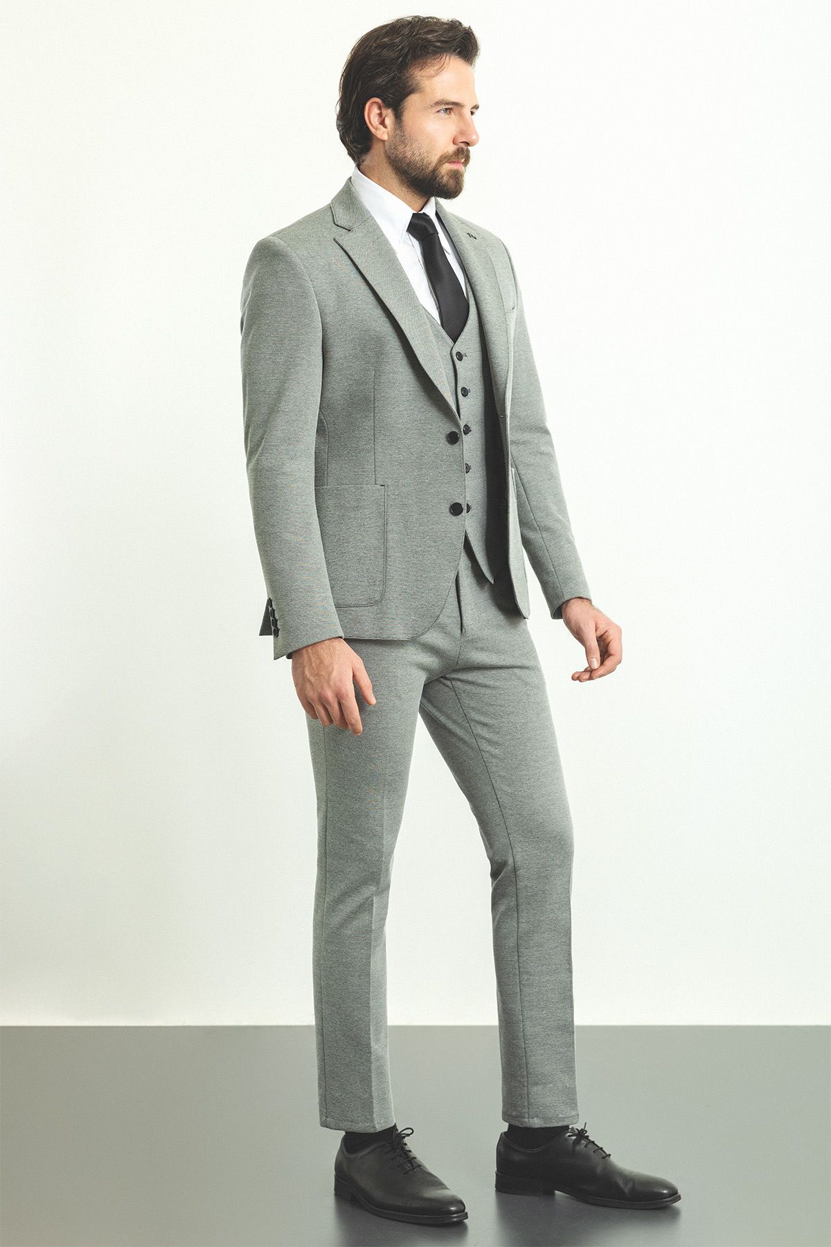 Mcr-Patterned Slim Fit Mono Collar Wool Men's Suit Gray - 45188.22K 4