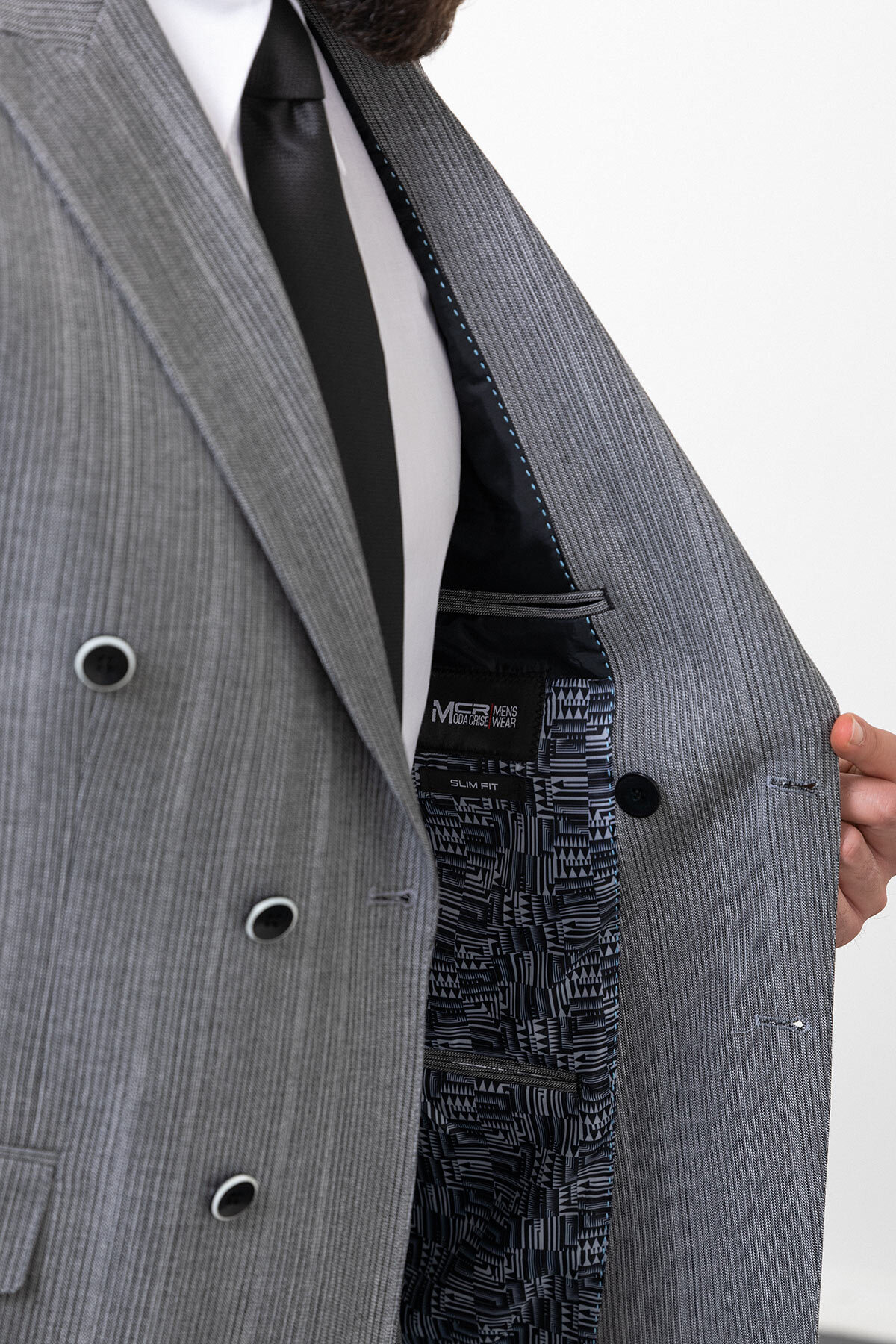 Çizgili Slim Fit Kruvaze Erkek Takım Elbise Gri - 45254.23K — رنگارنگ — تصویر 8 از 8