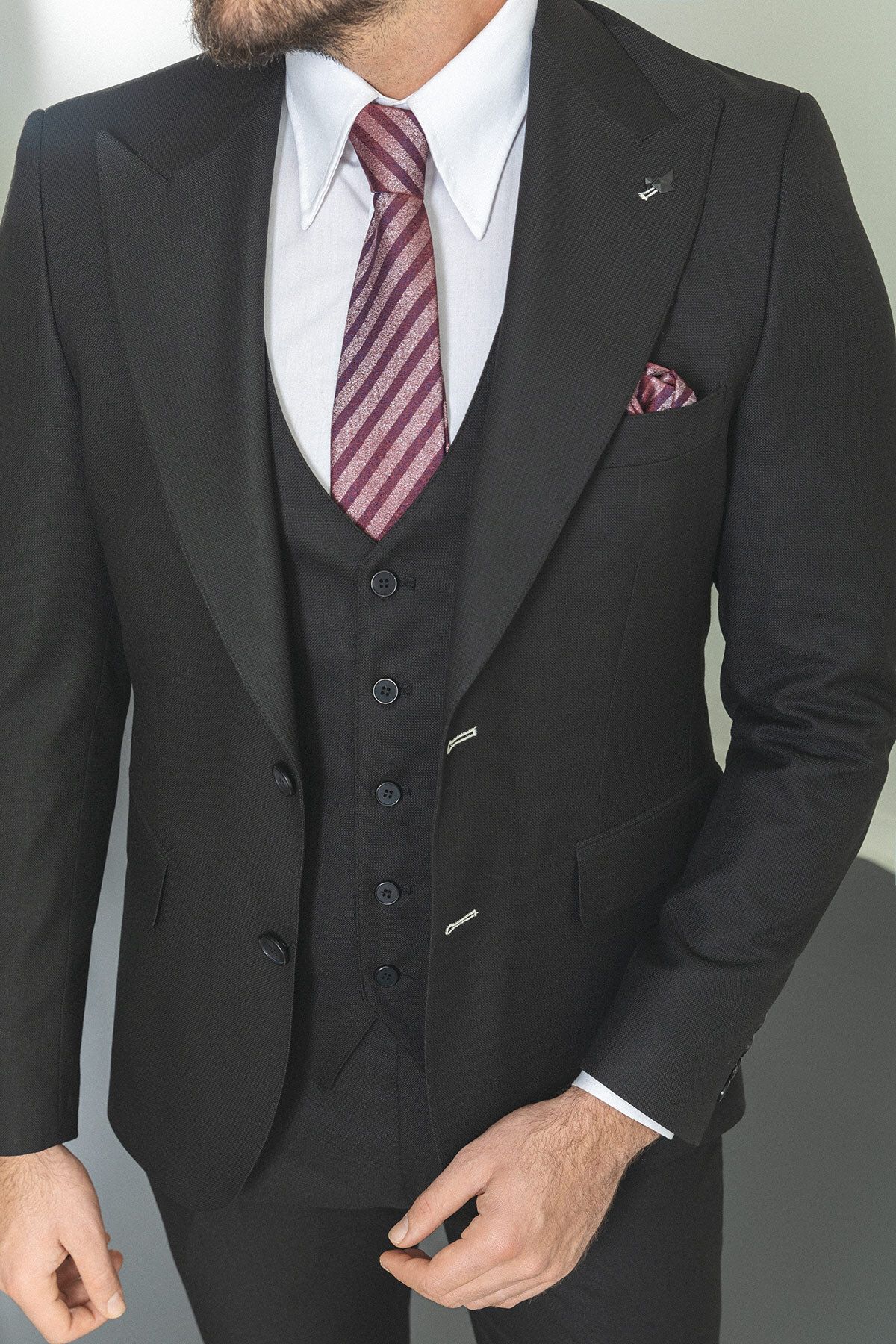 Mcr-Costum clasic pentru bărbați, negru, slim fit, cu guler larg 7