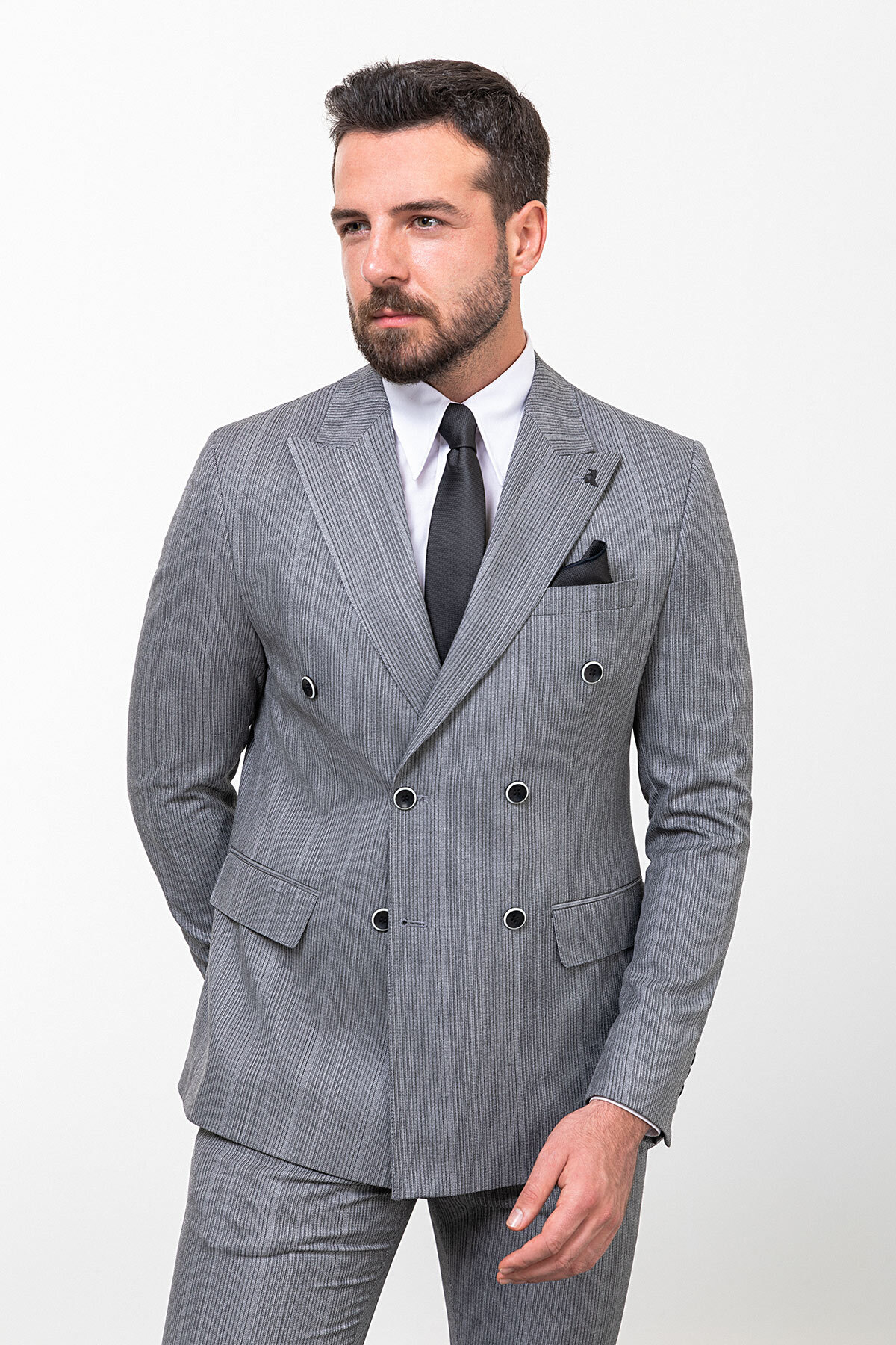 Çizgili Slim Fit Kruvaze Erkek Takım Elbise Gri - 45254.23K — رنگارنگ — تصویر 5 از 8