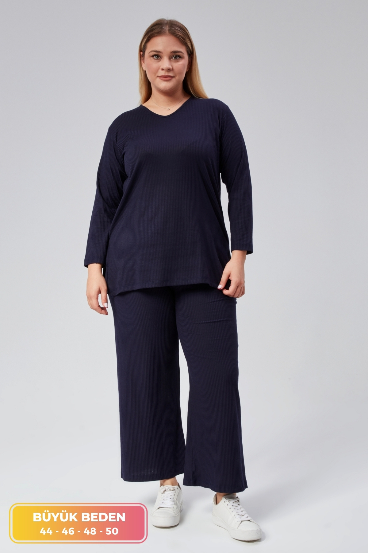 tarzımsüper Büyük Beden Yandan Yırtmaçlı Ikili Takım Fitilli Konforlu Pantolonlu Tunik Şık 2'li Takım Lacivert