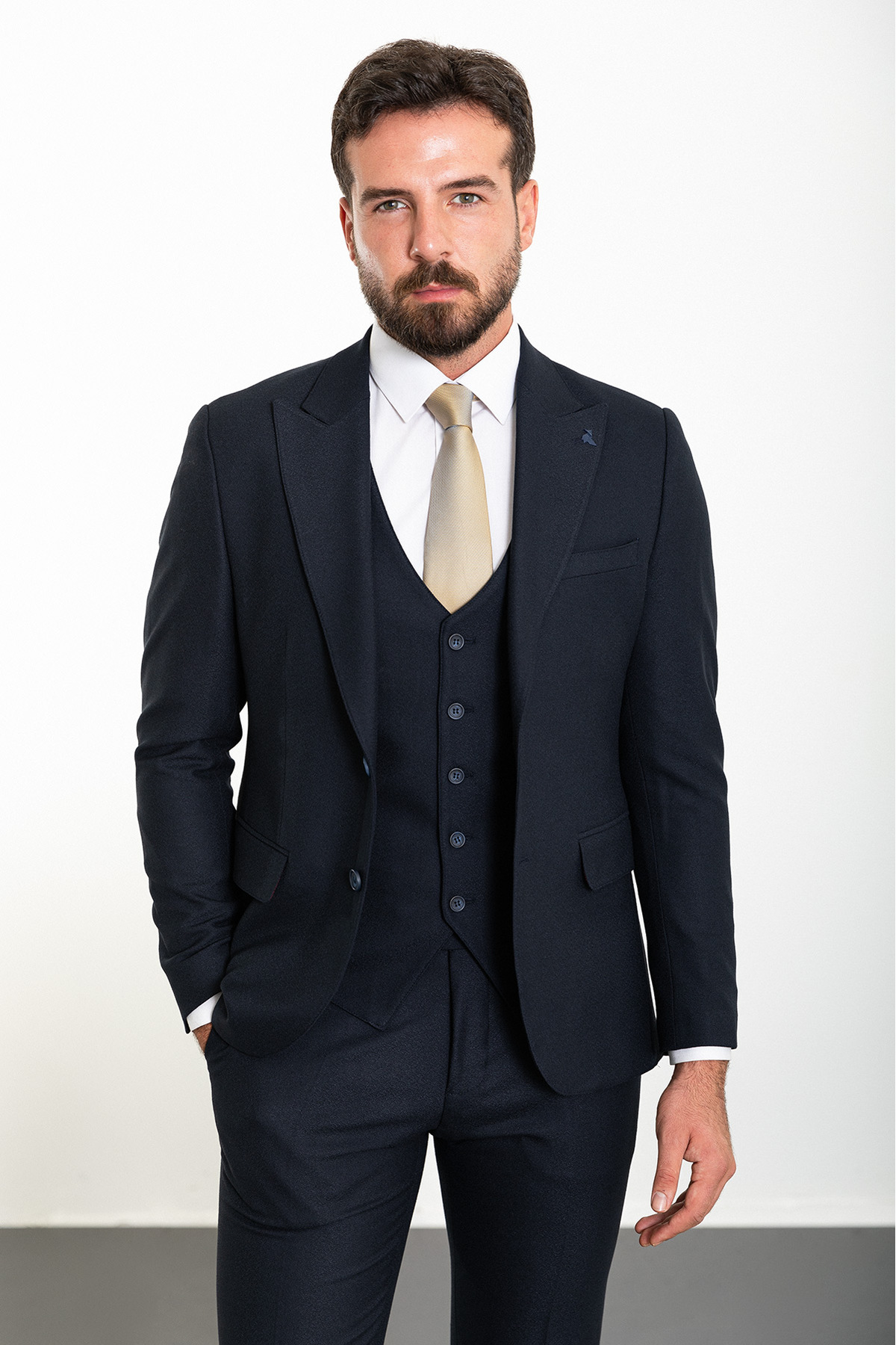 Mcr Plain Navy Blue Slim Fit Wide Collar Wool Classic Men's Suit