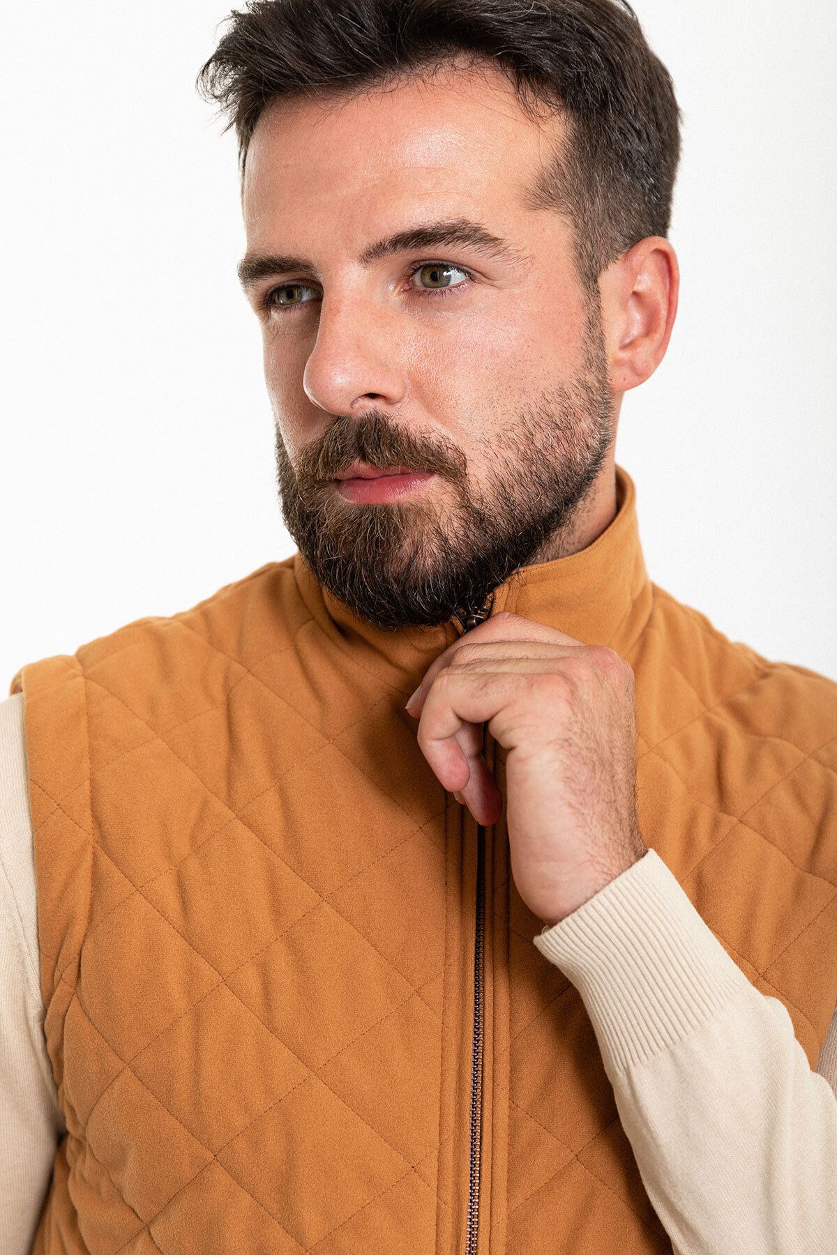 Mcr-Quilted Camel Color Slim Fit Judge Collar Men's Vest 5