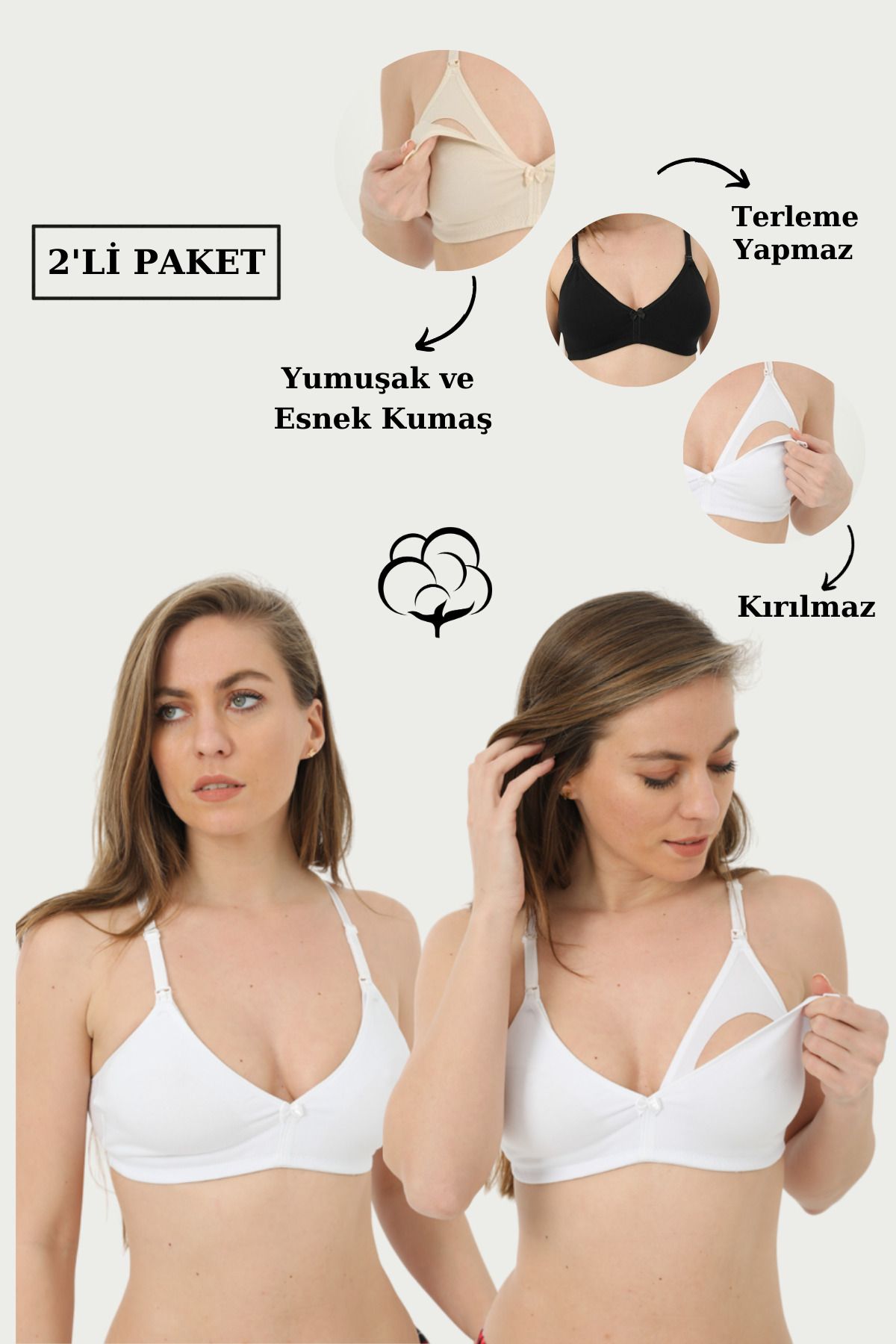 Arma Yıldız 2'li Paket Beyaz Emzirme Sütyeni Pamuklu Likralı