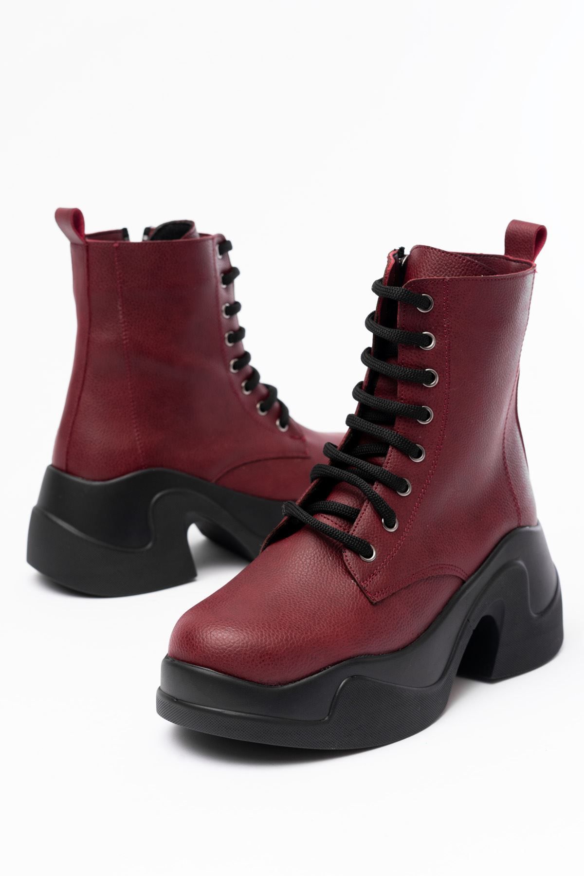 Home-Fz-2550 Claret Red High-Sole Lace-Up Zippered Daily Women's Boots 3