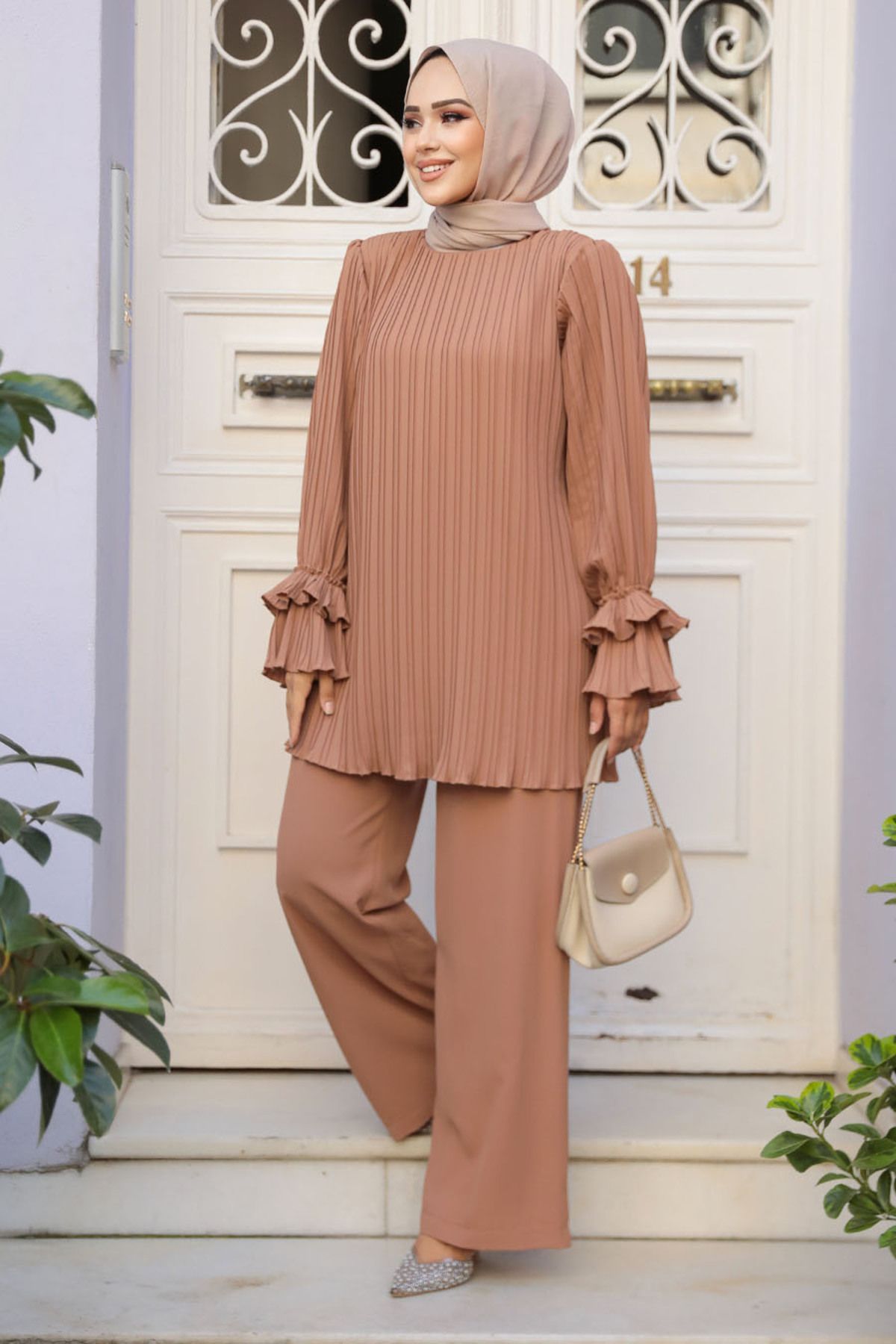 Neva Style-Camel Pleated Hijab Double Set - 17301C 1