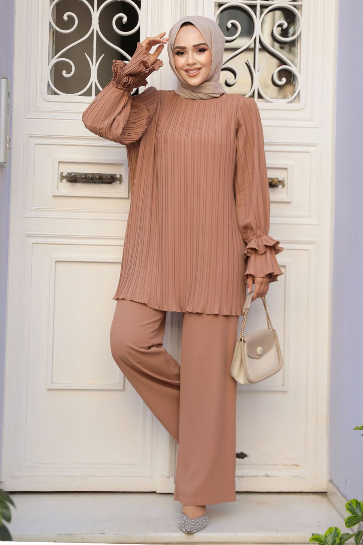 Neva Style-Camel Pleated Hijab Double Set - 17301C 2