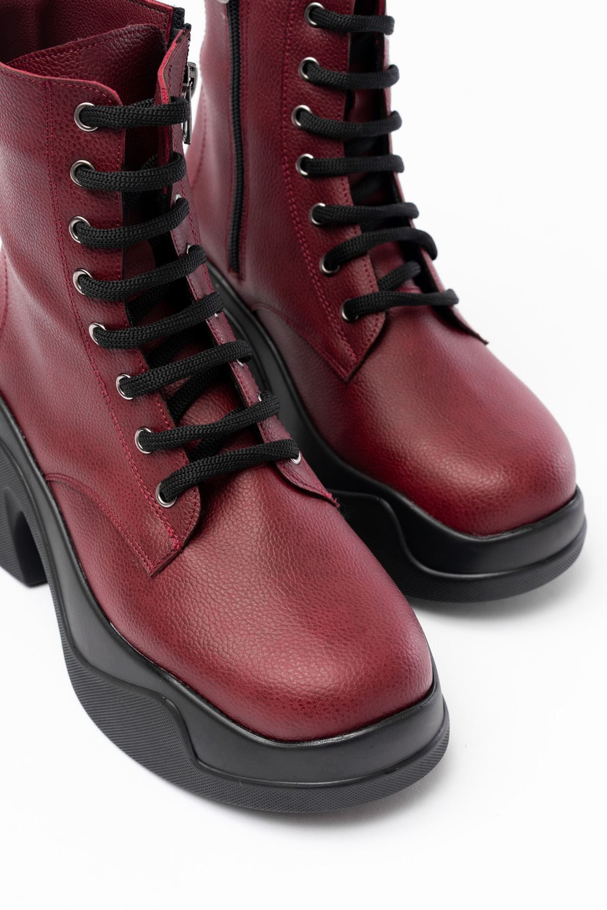 Home-Fz-2550 Claret Red High-Sole Lace-Up Zippered Daily Women's Boots 5