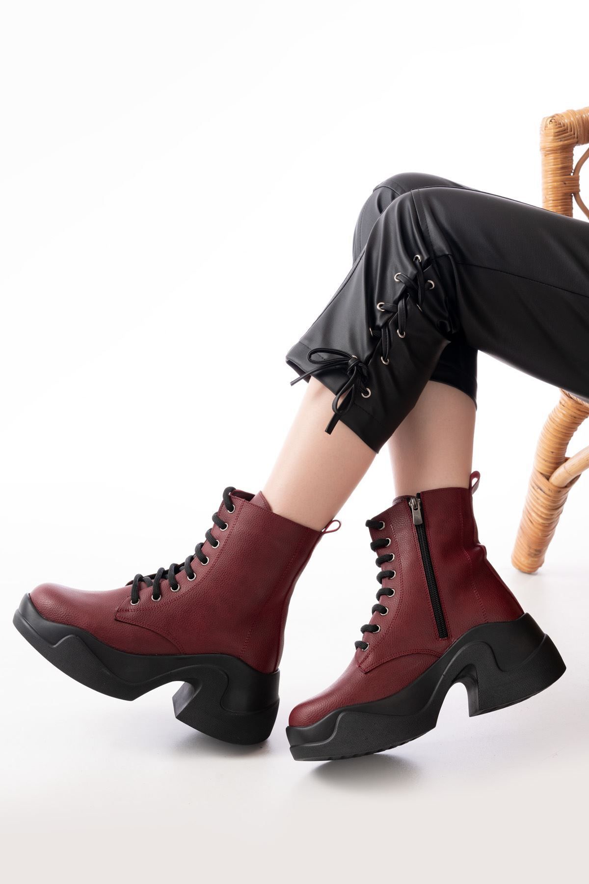 Home-Fz-2550 Claret Red High-Sole Lace-Up Zippered Daily Women's Boots 1