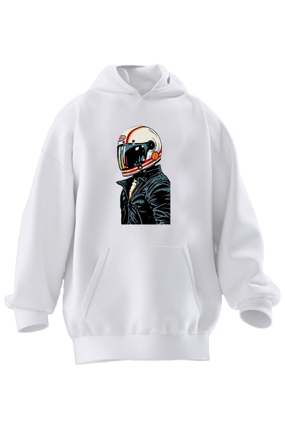 NMG TEKSTİL Unisex Premium Pamuk Beyaz  Deri Montlu Kasklı Motorcu Baskılı 3 İplik Kapüşonlu Sweatshirt