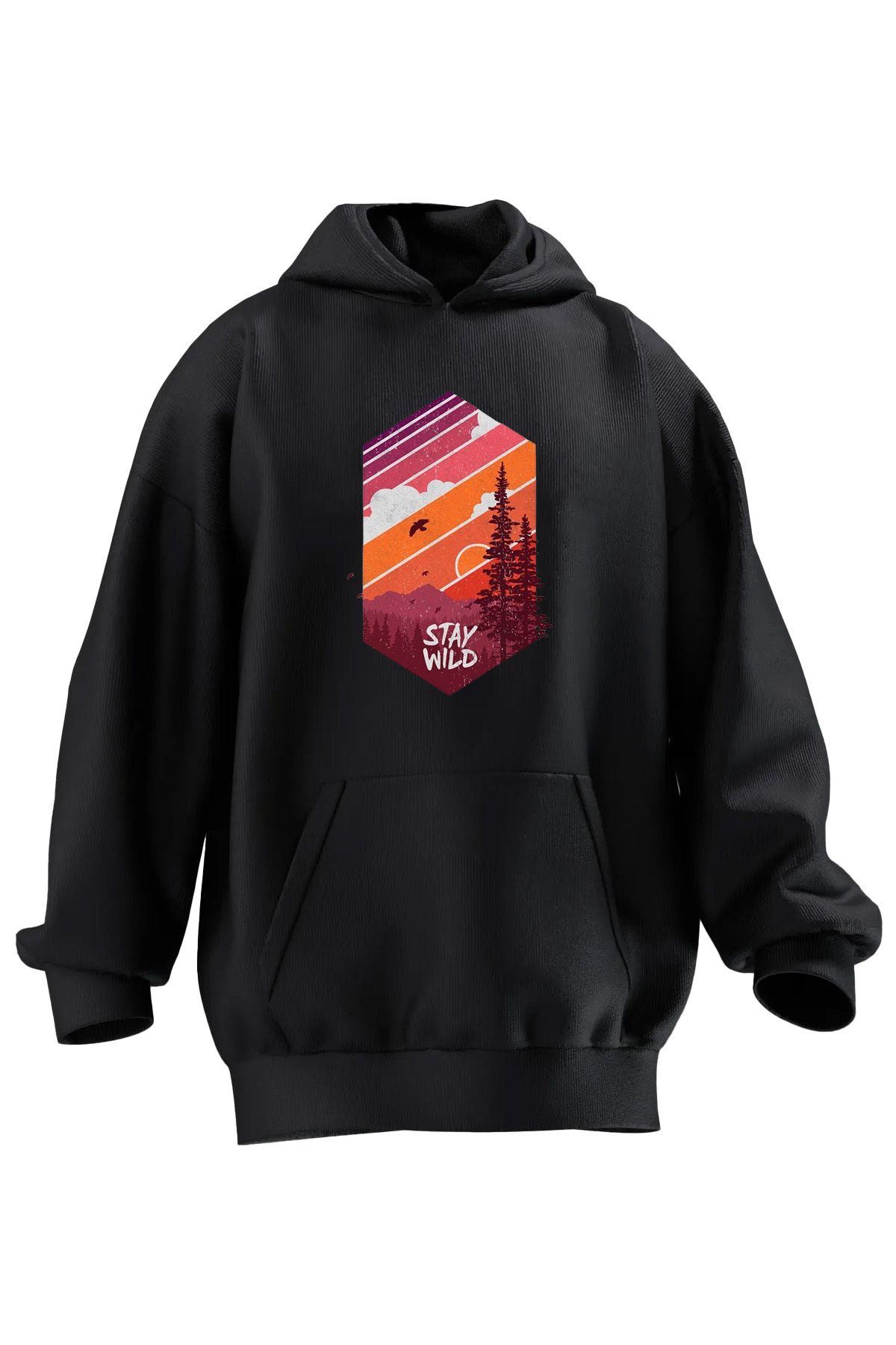 NMG TEKSTİL Hanorac Cu Glugă Unisex Din Bumbac Premium Negru Stay Wild Imprimat Cu 3 Fire Unisex - M