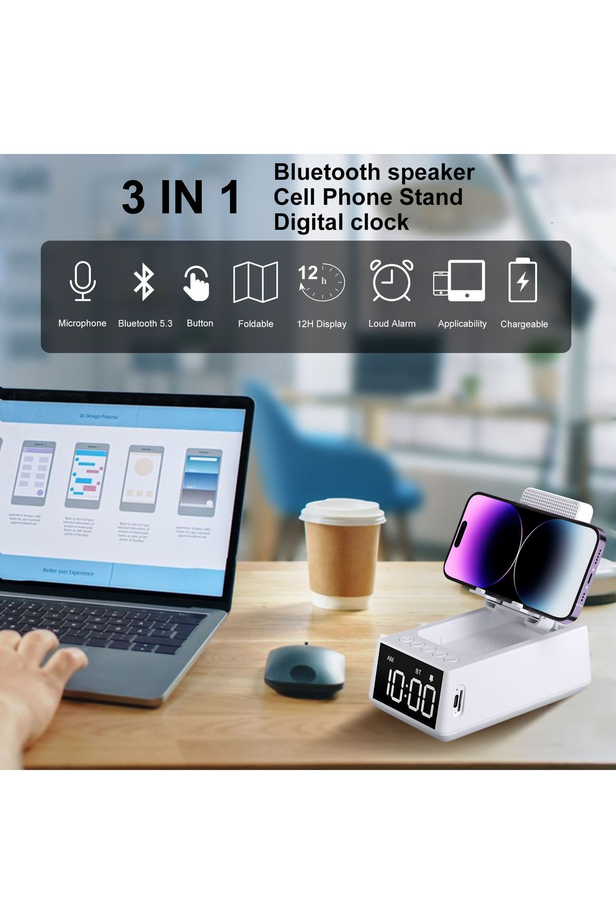 WISE TIGER CREATIVITY IS UNLIMITED-WISETIGER Foldable Music Bluetooth Speaker Stand Speaker with Alarm Clock BT5.3 Sound Box with 12... 3