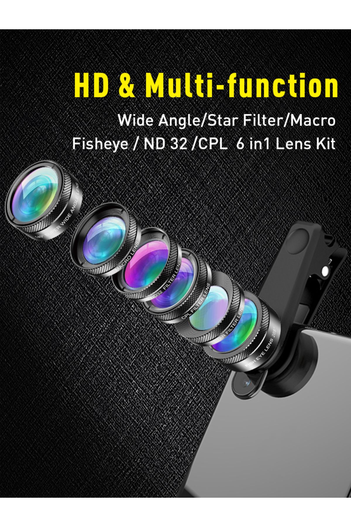 APEXEL-Universal 6 in 1 Phone Camera Lens Kit Fish Eye Lens Wide Angle macro Lens CPL/StarND32 Fi... 8