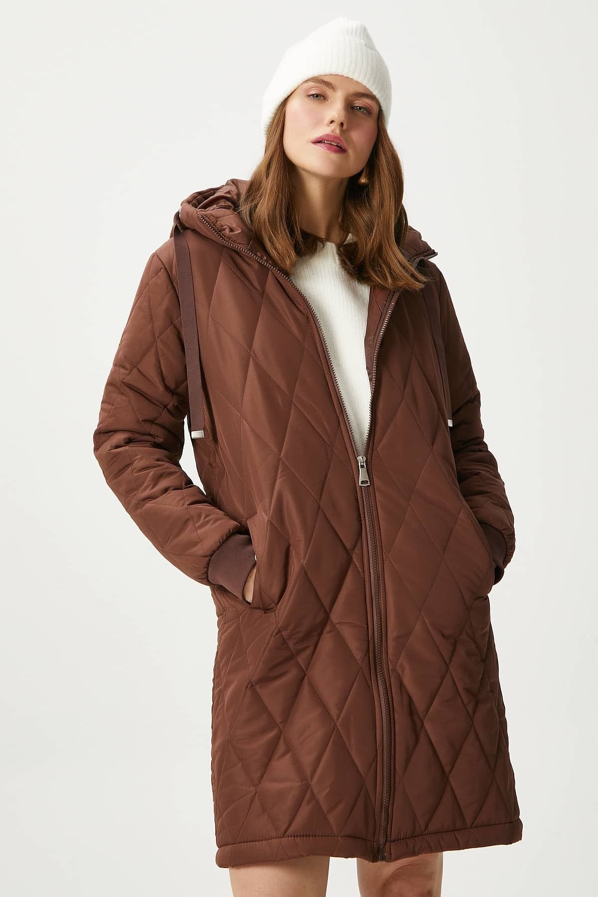 Ritnice-Women's Sporty Hooded Quilted Brown Coat 6