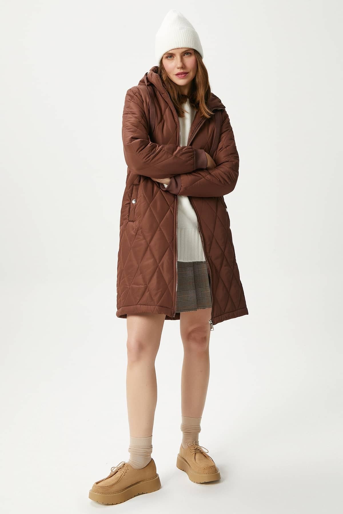 Ritnice-Women's Sporty Hooded Quilted Brown Coat 4